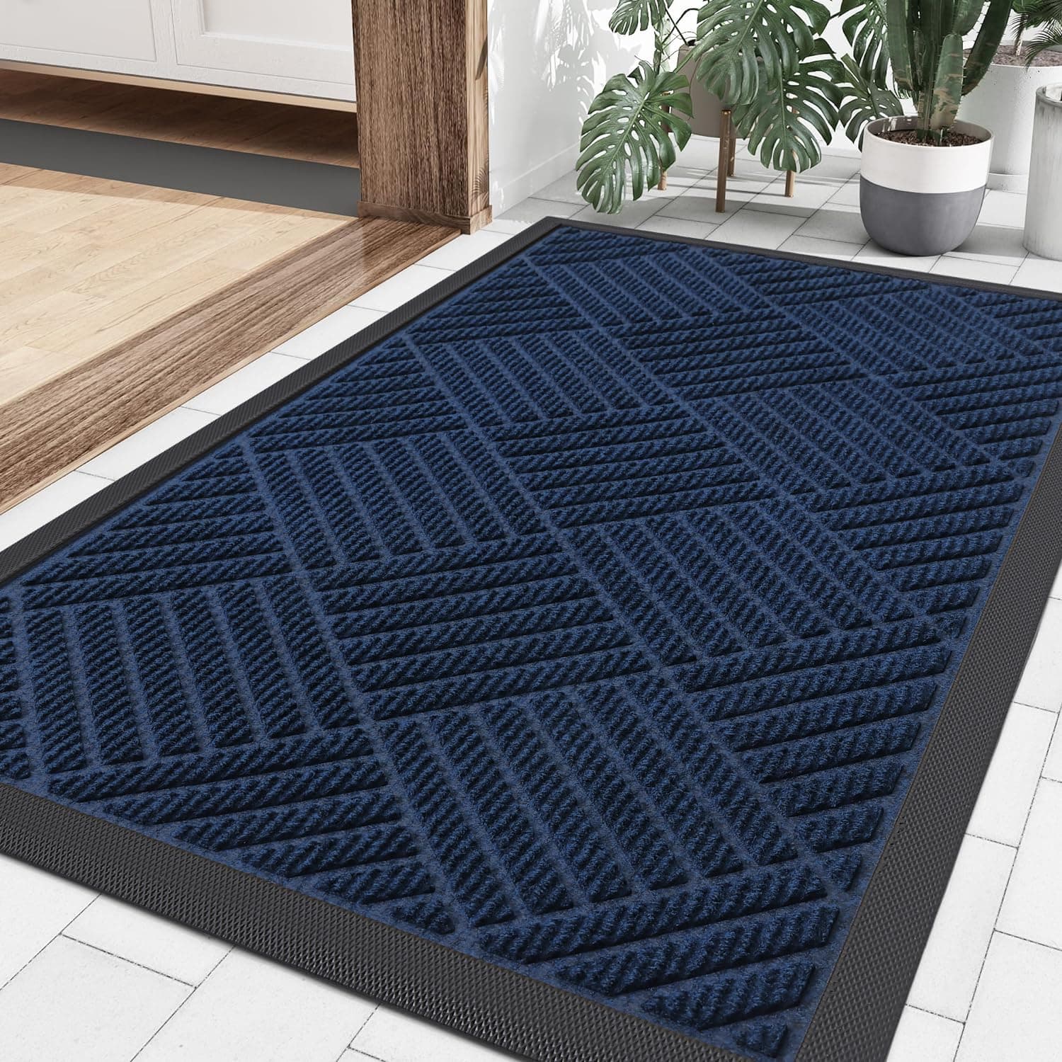 OLANLY Front Door Mat Indoor Outdoor, Heavy Duty Non Slip Rubber Doormat, Easy Clean Super Absorbent Welcome Mat, All Weather Capture Dirt Entryway Rugs, 35"x23", Navy