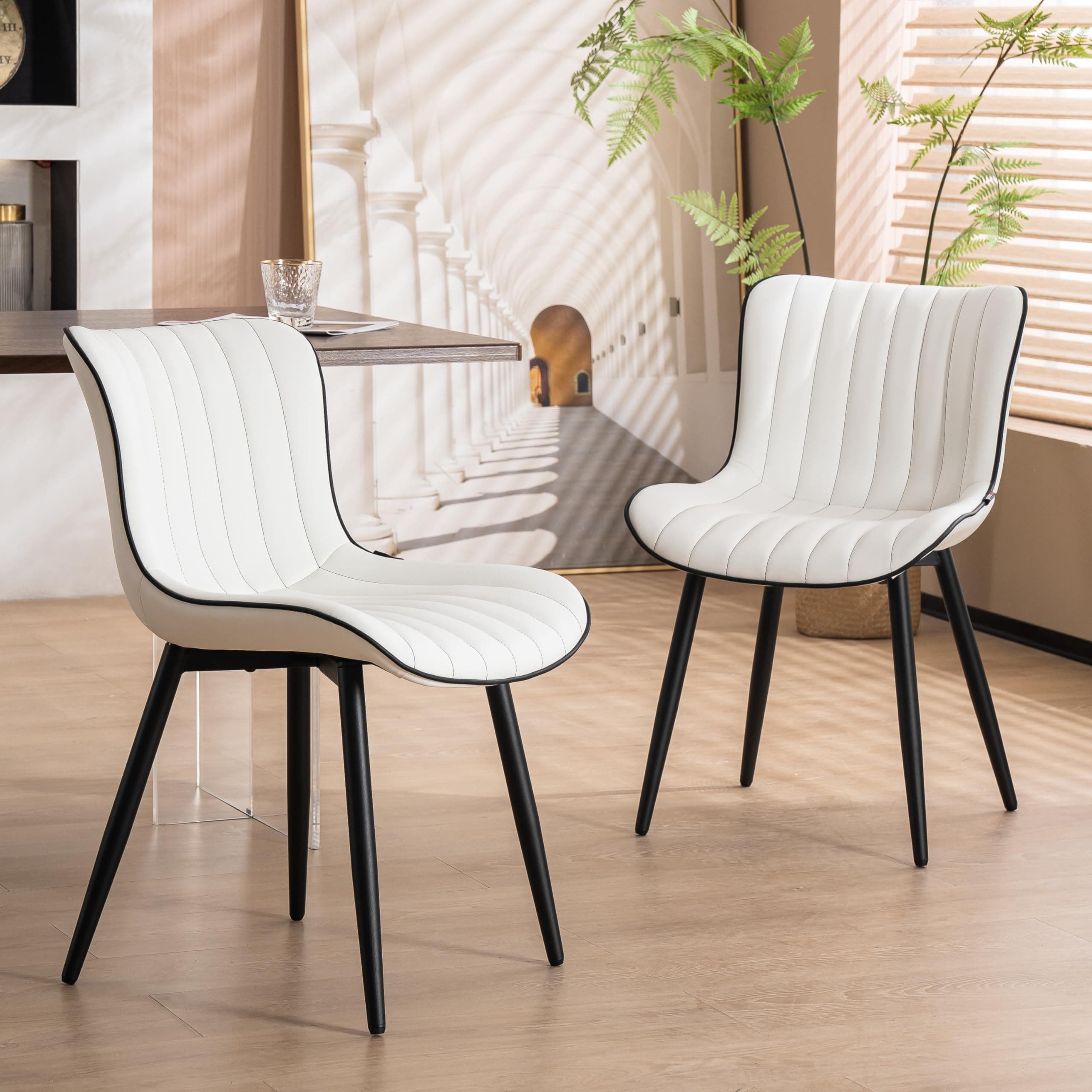 Kidol & Shellder Dining Chairs Set of 2, Mid Century Modern Kitchen Chairs Faux Leather Upholstered Armless Side Chairs with Back for Dining Room Living Room Kitchen Guest Waiting Room, White