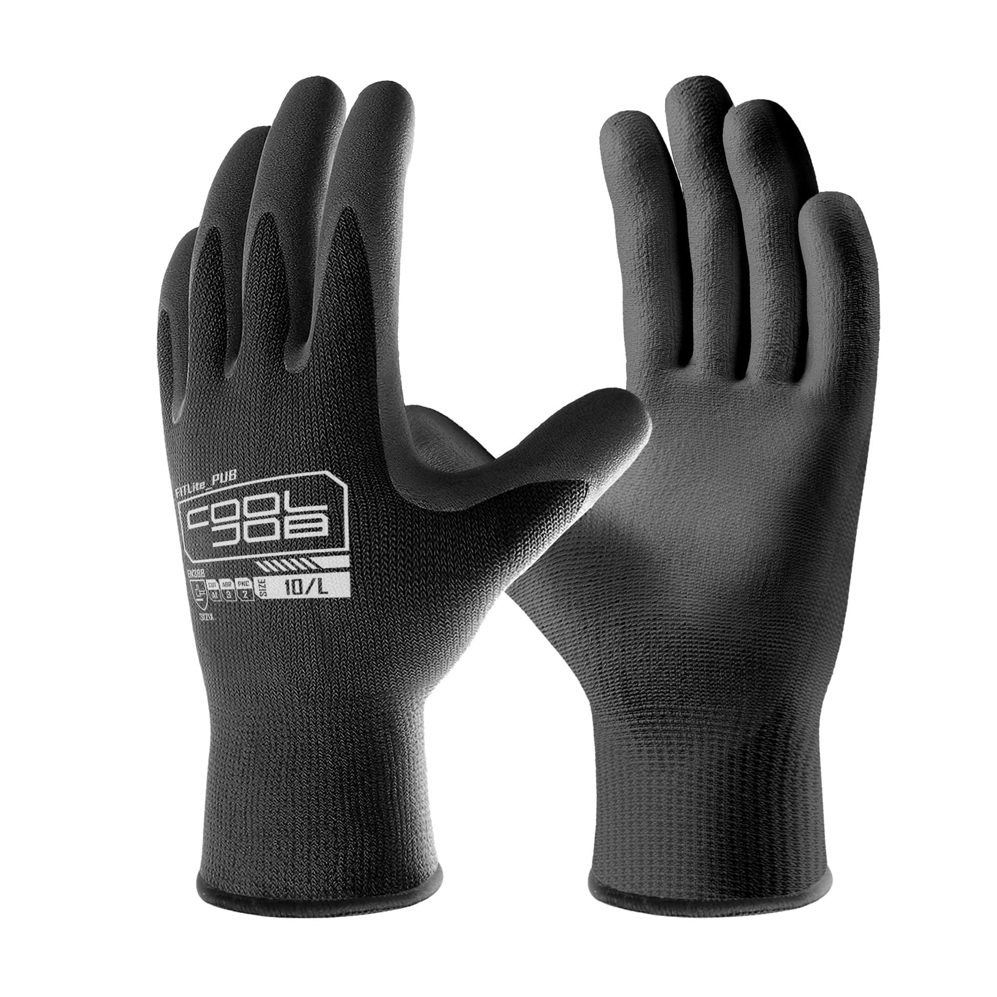 COOLJOB 12 Pairs PU Coated Safety Work Gloves, Non-Slip Grip, Black Size L
