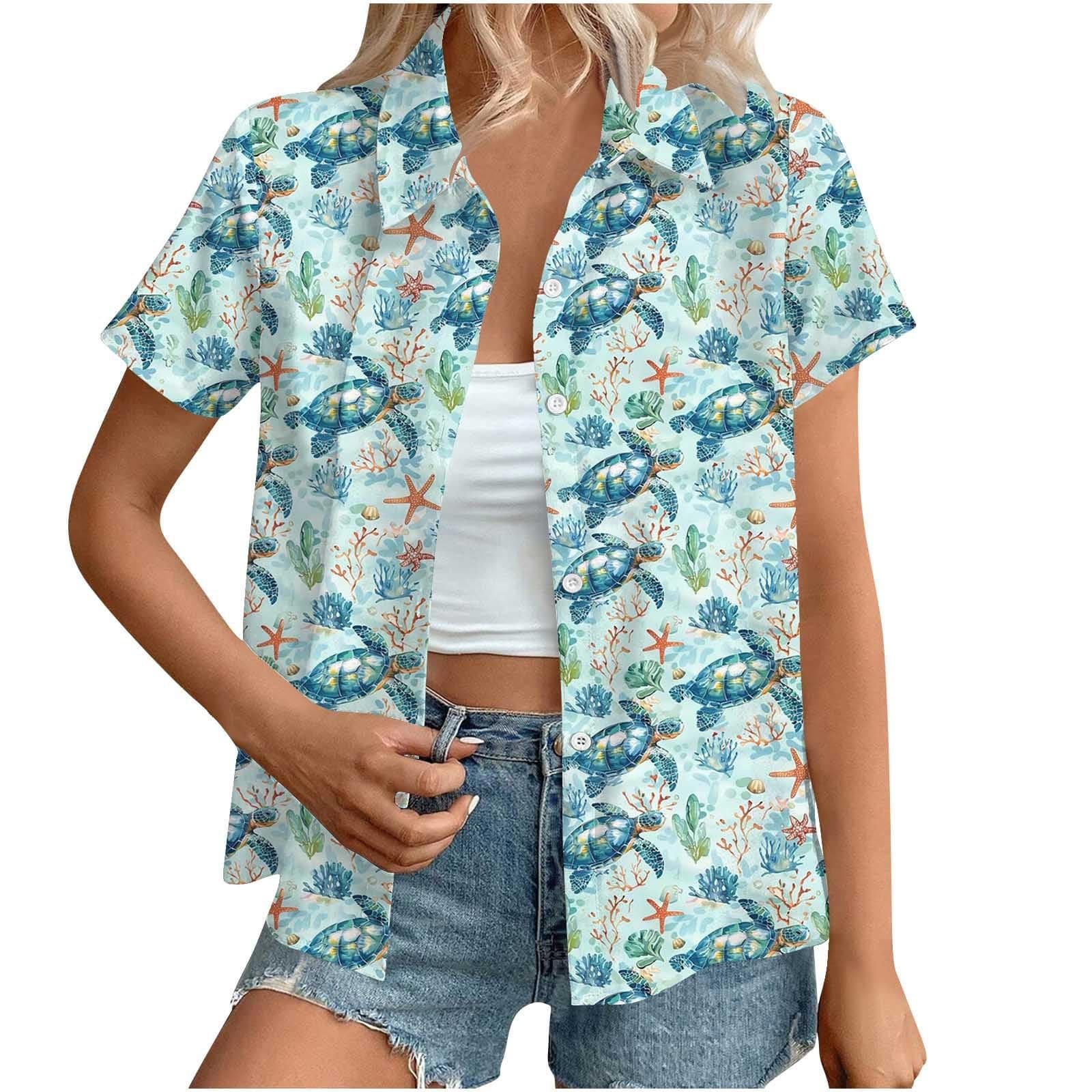 Hawaiian Button Down Shirts Women Sale,Summer Floral Printed Short Sleeve Blouses 2025 Trendy Loose Lapel Soft Cool Beach Vacation Tops Boho Going Out Tunic Tees Pullovers Plus Size S-XXL