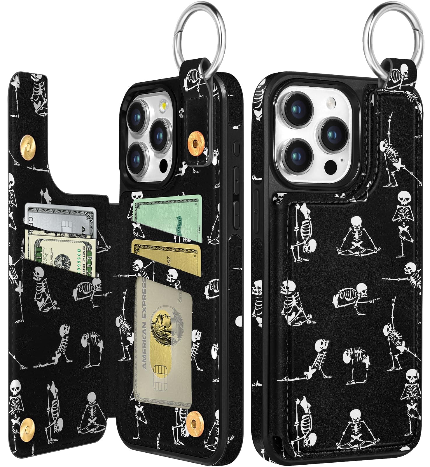 Shorogyt for iPhone 13 Pro Wallet Case with Card Holder, Designer Skeleton Pattern Kickstand Magnetic Clasp Back Flip Folio Leather Phone Cases for iPhone 13 Pro for Women Men Girls