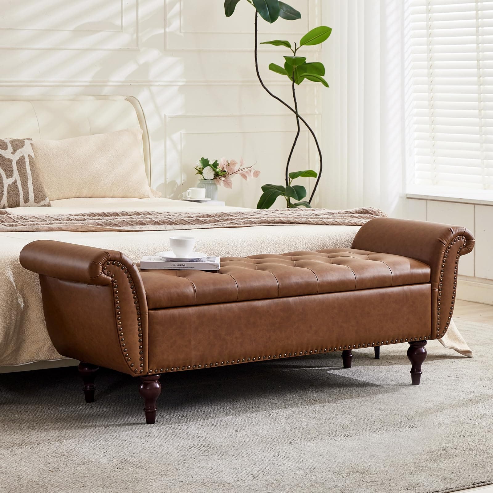 63.8" Storage Bench For Bedroom Faux Leather End Of Bed Bench With Storage