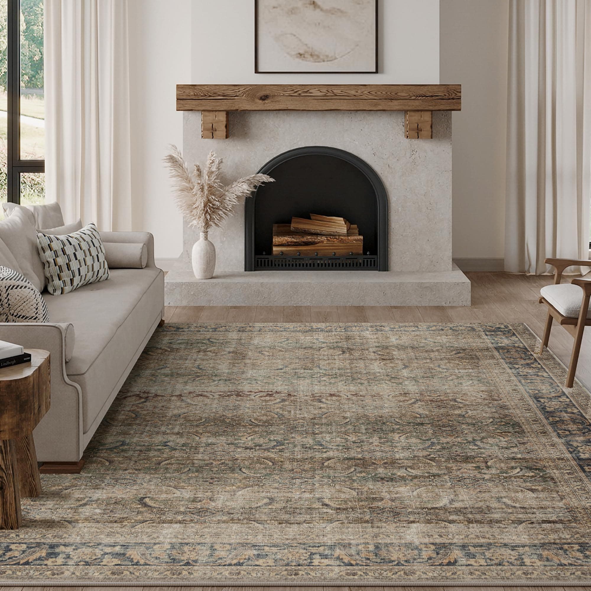 FMFUNCTEX 8x10 Washable Area Rug Brown Vintage Neutral Distressed Large Non Slip Carpet for Living Room Bedroom Soft Low Pile Indoor Mat Retro Throw Rug for Dining Room Kitchen Office Nursery, Multi