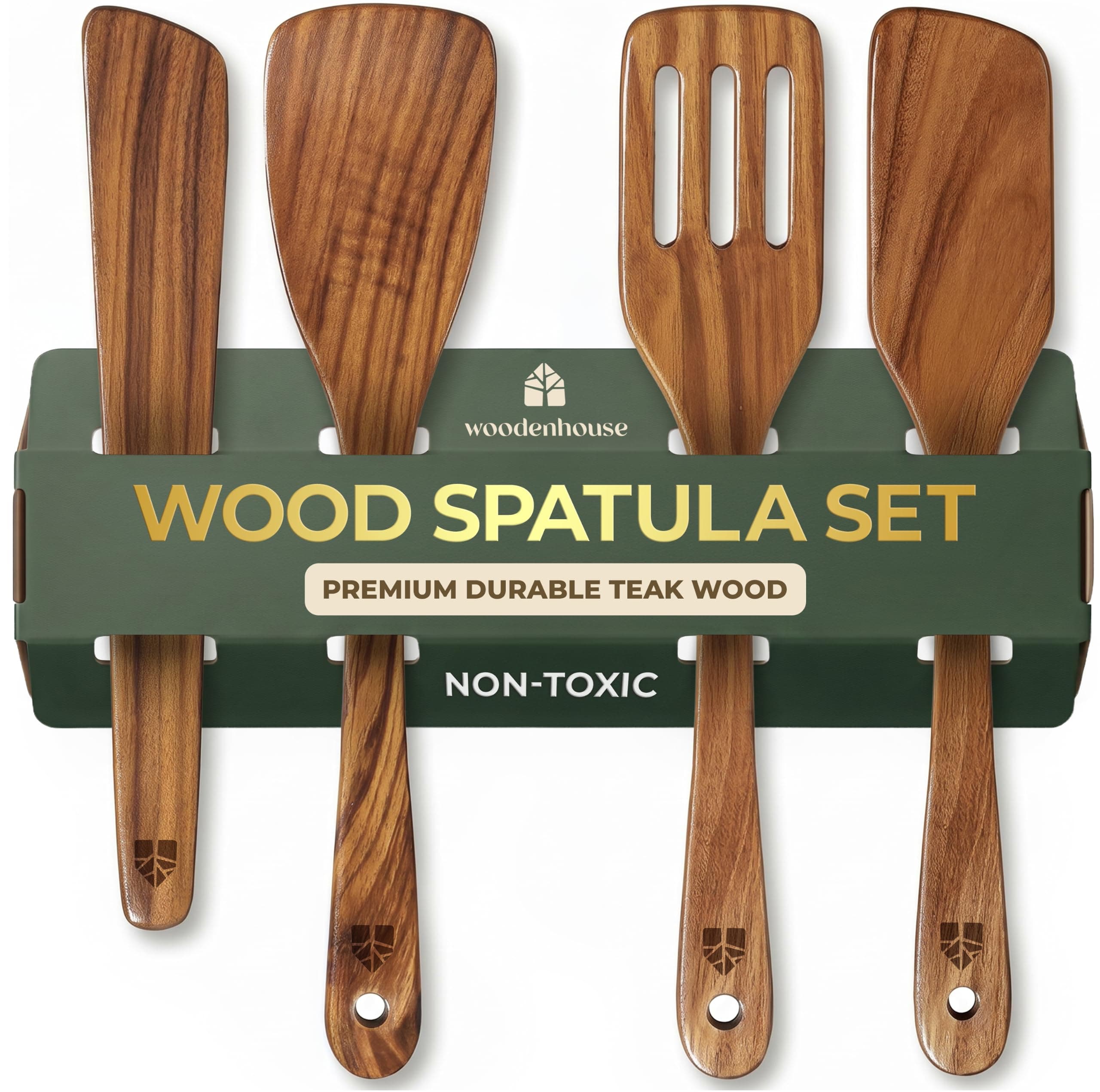 Wooden Spatula for Cooking, Teak Kitchen Utensil Set of 4, Turner & Scraper