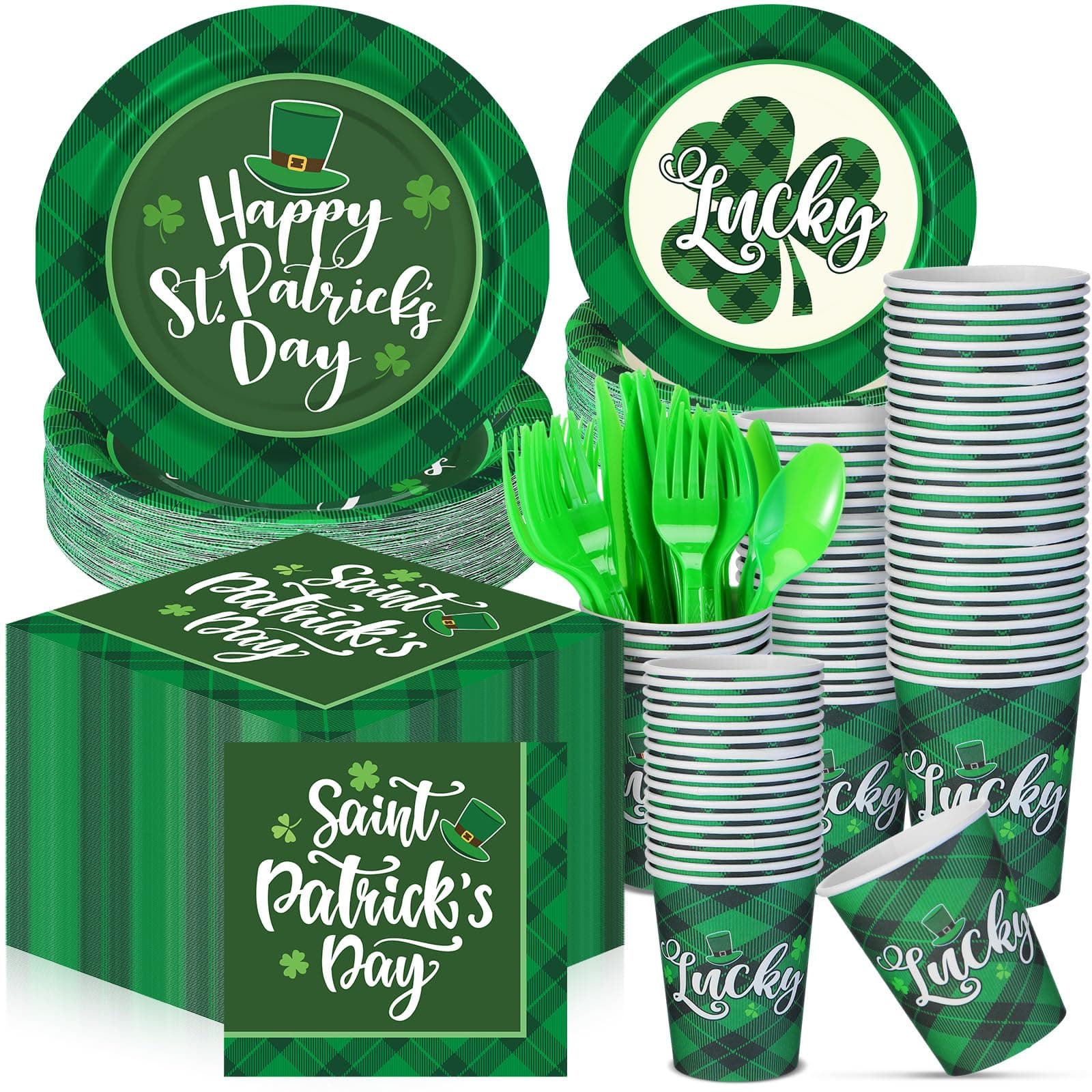 Sunnychicc 210 Pcs Happy St Patrick's Day Party Supplies Plates Napkins Cups Irish Shamrock Party Disposable Paper Dinner Dessert Plates Shamrock Napkins Beverage Green Cups Plastic Fork Set (Fresh)