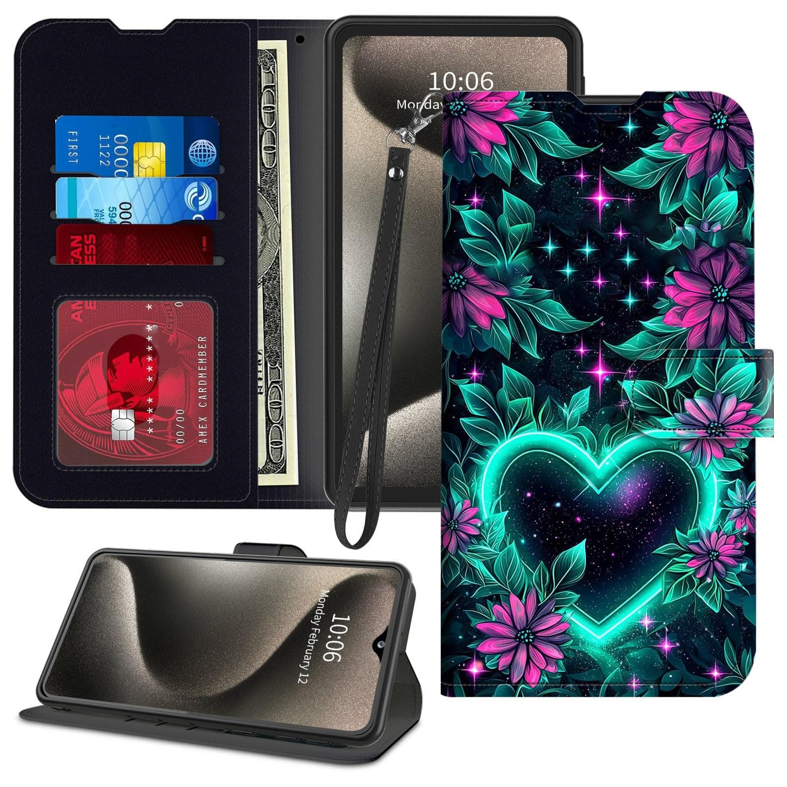 for iPhone 17 Pro Max Phone Case 6.9" Wallet with Credit Card Holder Wrist Strap PU Leather RFID Blocking Magnetic Flip Kickstand Card Slots Case Cover for iPhone 17 Pro Max 2025,Love Heart Flower