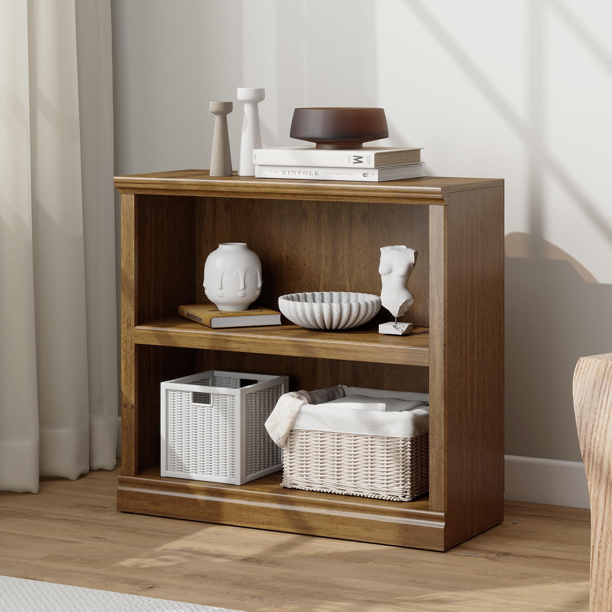 Bevfint 30 Inch Vintage Oak Bookcase, 2 Tiers Open Storage Bookshelf