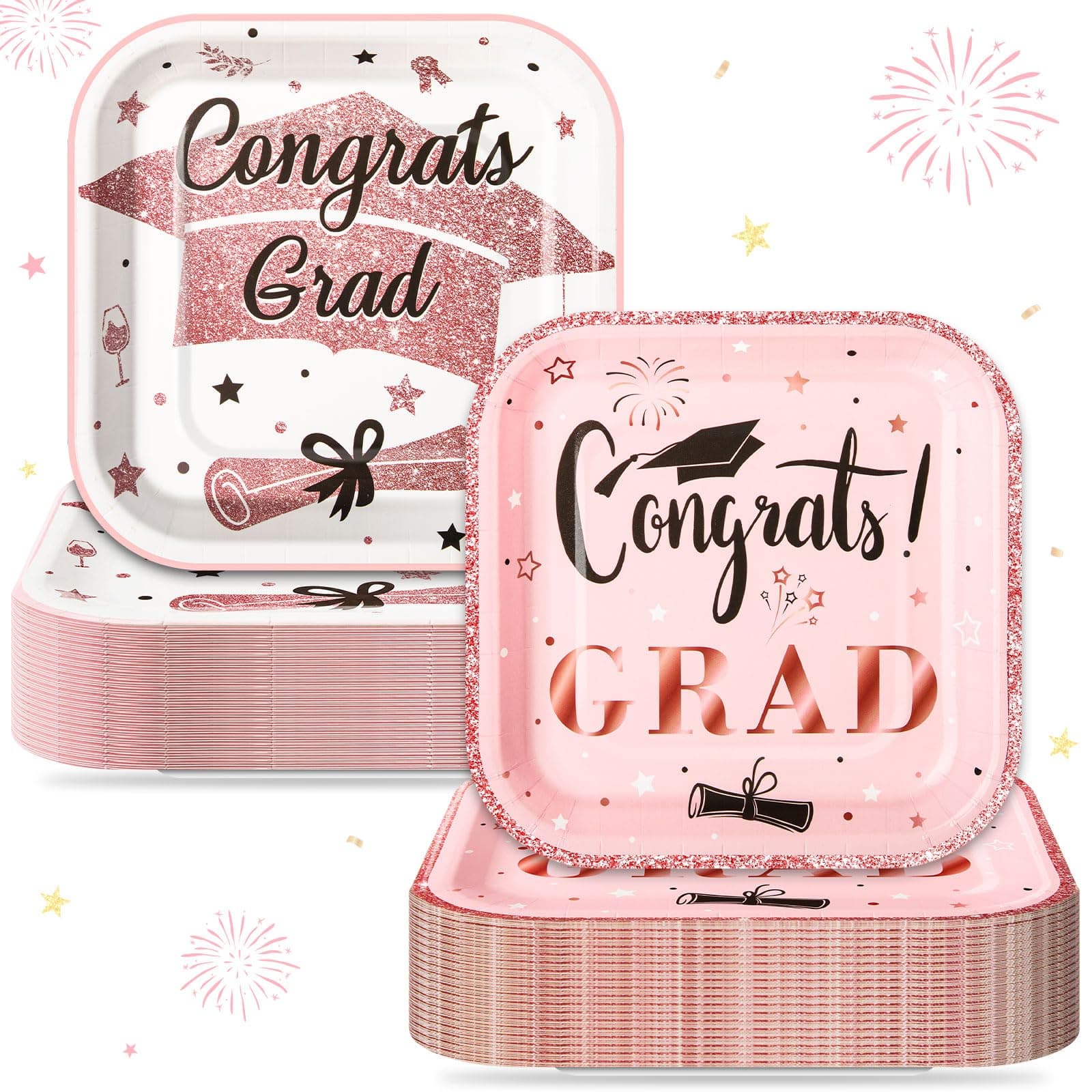 FoldTier 100 Pcs 2026 Graduation Party Plates 7 x 7 in Congrats Grad Paper Plates Class of 2026 Disposable Square Dessert Decorative for Graduation Cocktail Party Supplies Photo Props(Rose Gold)
