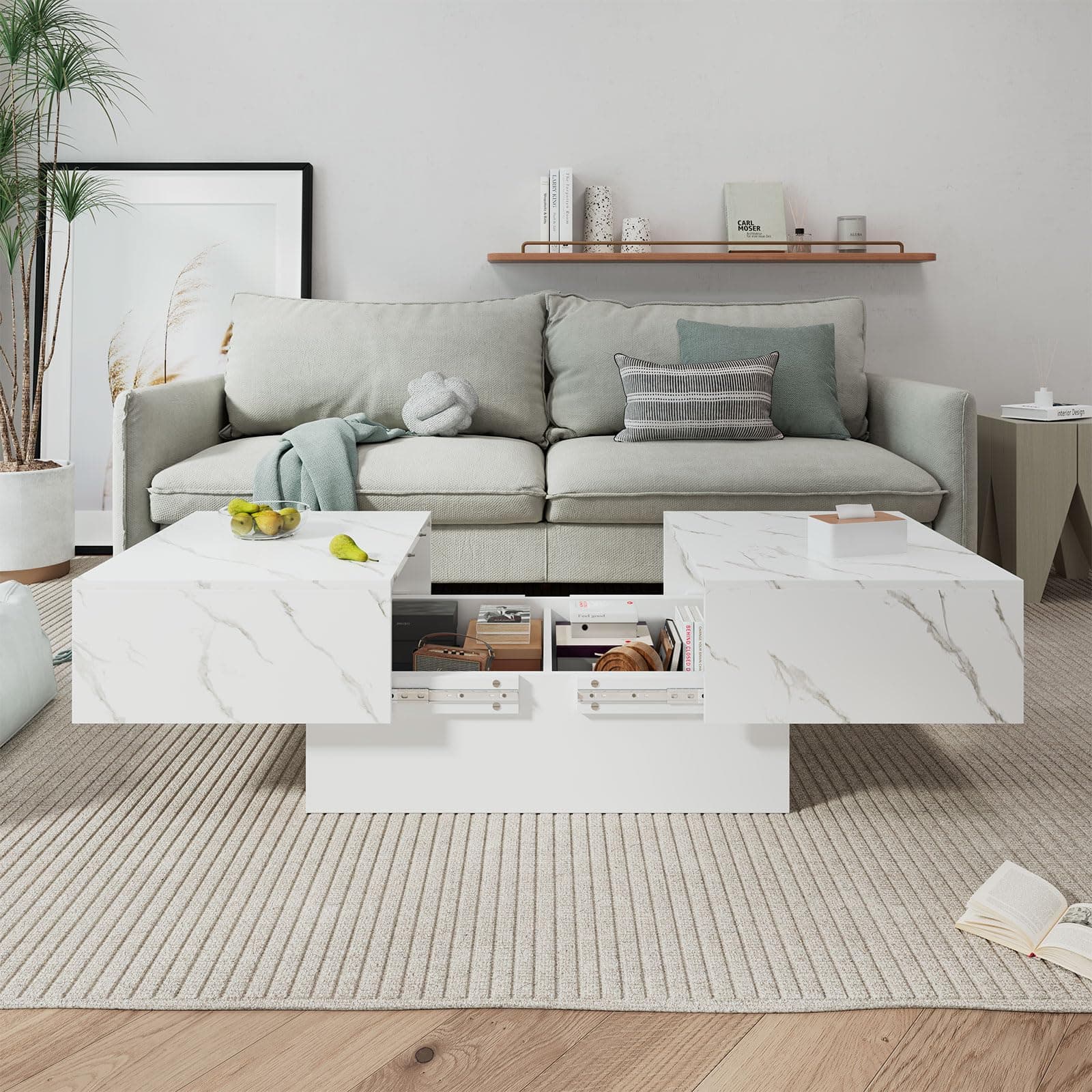 HedoAjim White Marble Modern Coffee Table with Storage for Living Room, Living Room Table Rectangular Center Tables, Sliding Top with Hidden Storage, Wooden Cocktail Table for Dining Reception Room