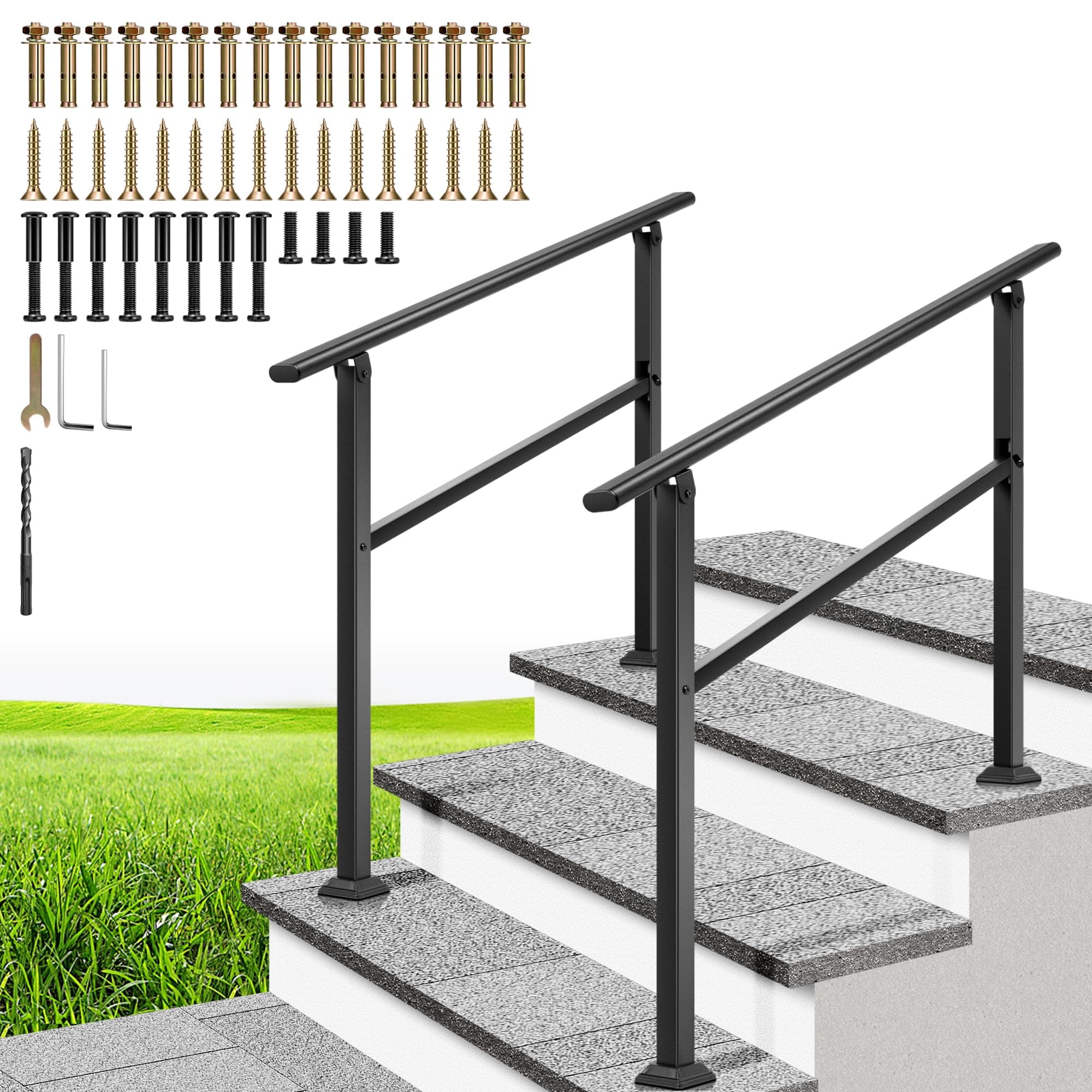 VIVOHOME 2-Pack 3-Step Outdoor Handrails – Black Oval Galvanized Steel Railing for Deck, Porch, Stairs, Rust-Resistant, Easy DIY Install