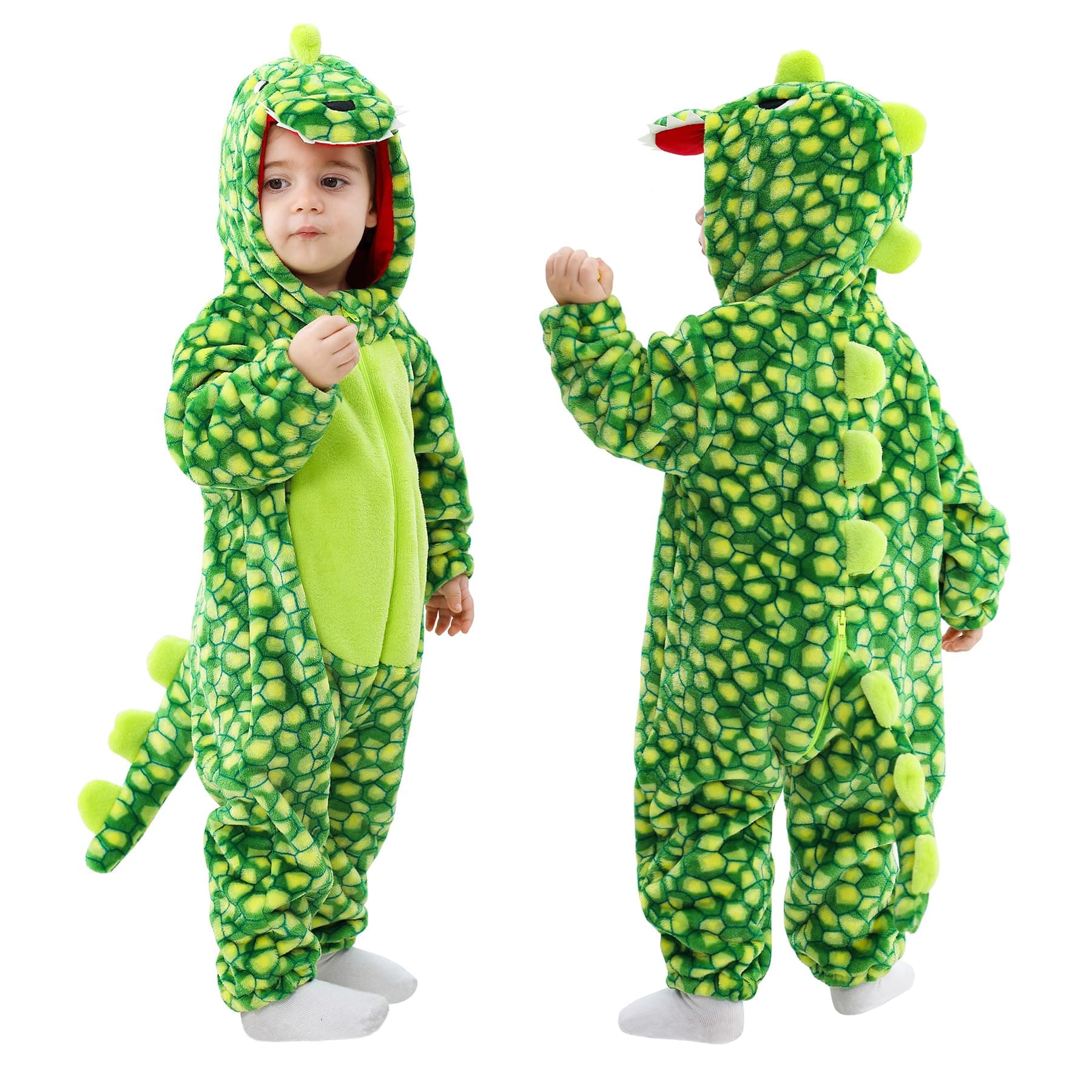 Toddler Dinosaur Costume, Baby Hooded Animal Romper Jumpsuit for Dress Up, Green Spot, 4-5T