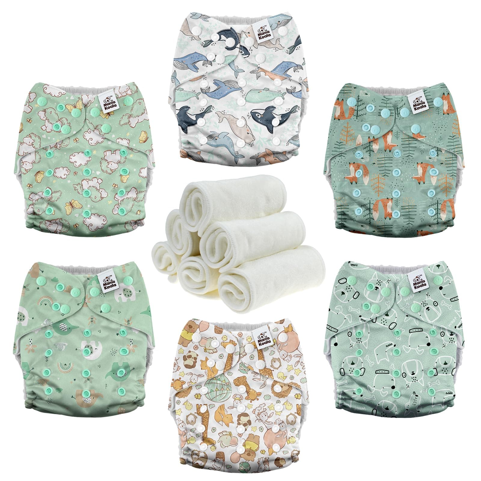Mama Koala 3.0 Pocket Cloth Diapers for Babies with AWJ Lining, 6 Pack with 6 4-Layer Natural Cloth Diaper Inserts - Reusable and Washable Pocket Diapers (Adorable Animal)