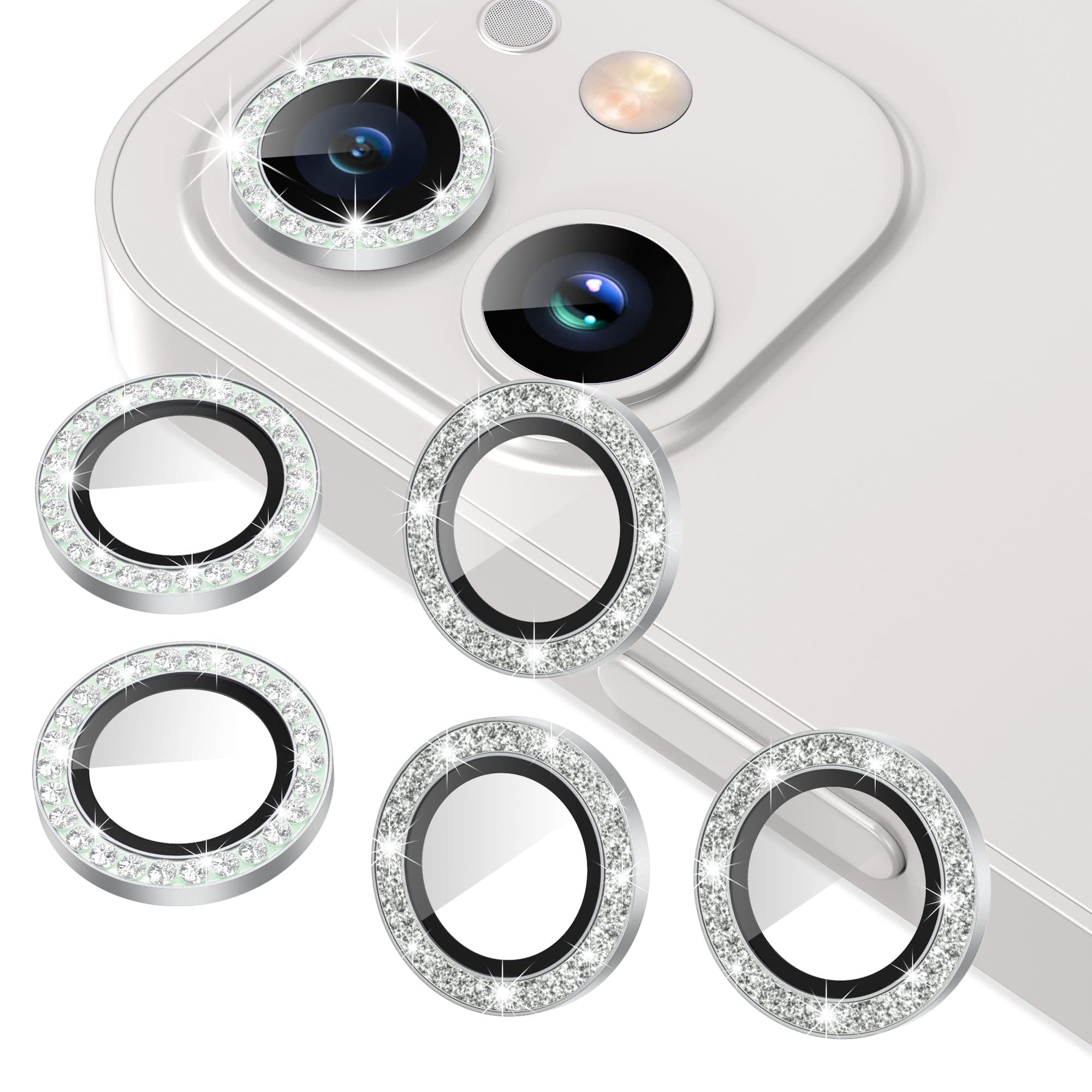 AGVEE 3+3 6 Pack for iphone 12 Pro/12/12 Mini/11 Pro Max/11 Pro/11 Camera Lens Protector, Bling Diamond & Bling Glitter Metal Ring 9H Tempered HD Glass Camera Cover, Bling-Silver