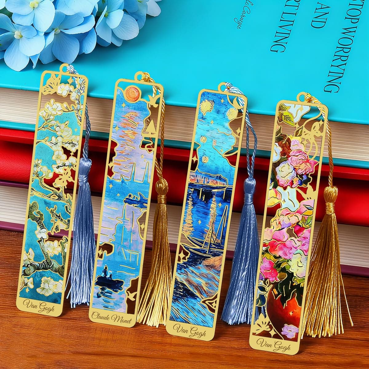 Kinsound Metal Bookmarks with Tassel, Golden Van Gogh Monet Oil Painting Theme Cute Hollow Book Markers for Reading Women, Teachers, Students, Reading Accessories Gifts for Book Lovers (Style B(4PCS))