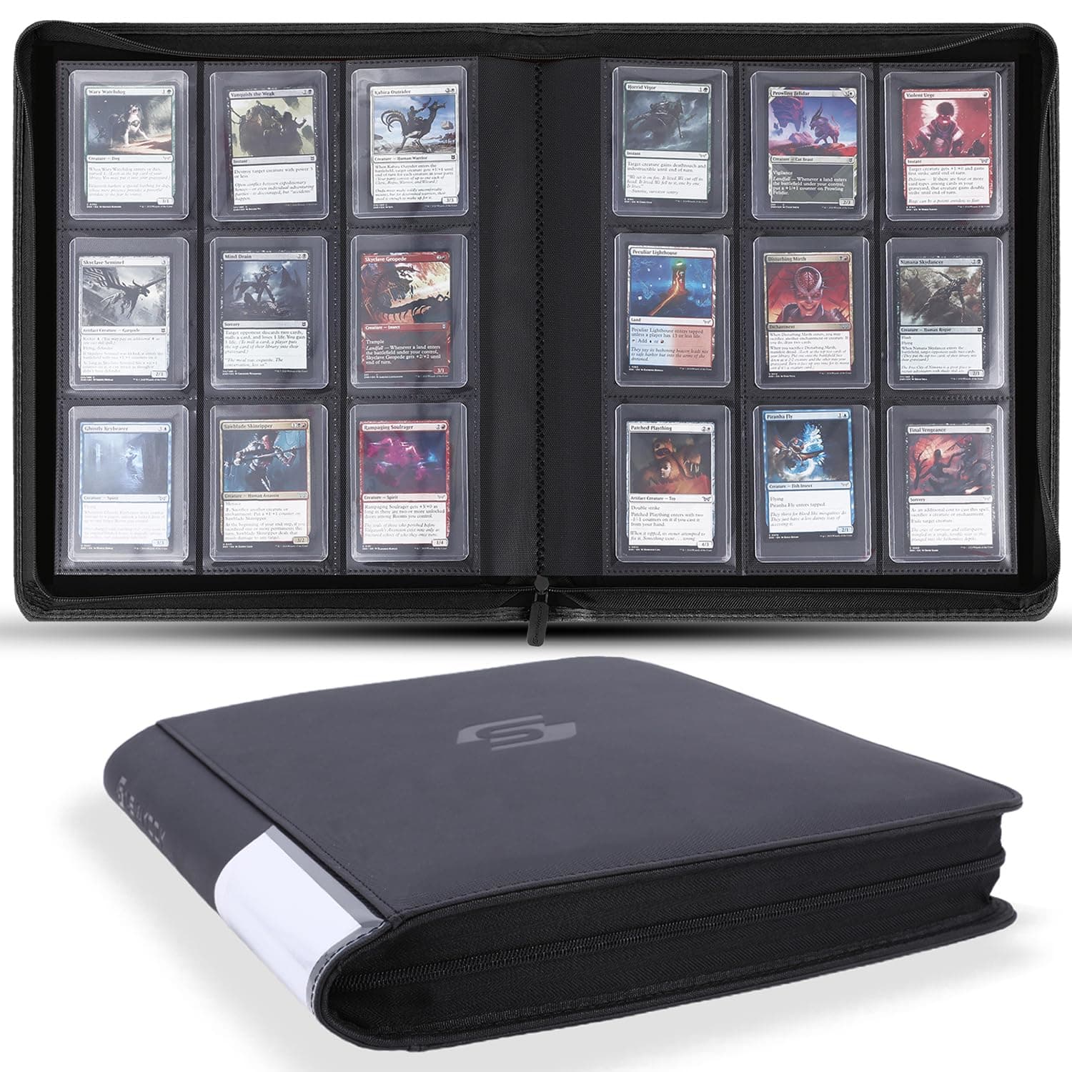 Snekdy Top loader Binder, 9 Pockets Top Loader,Holds 360 Top Loaders cards, Card binder with Sleeves for card in 3 x 4 inches color smooth Zipper PU Leather (Black)