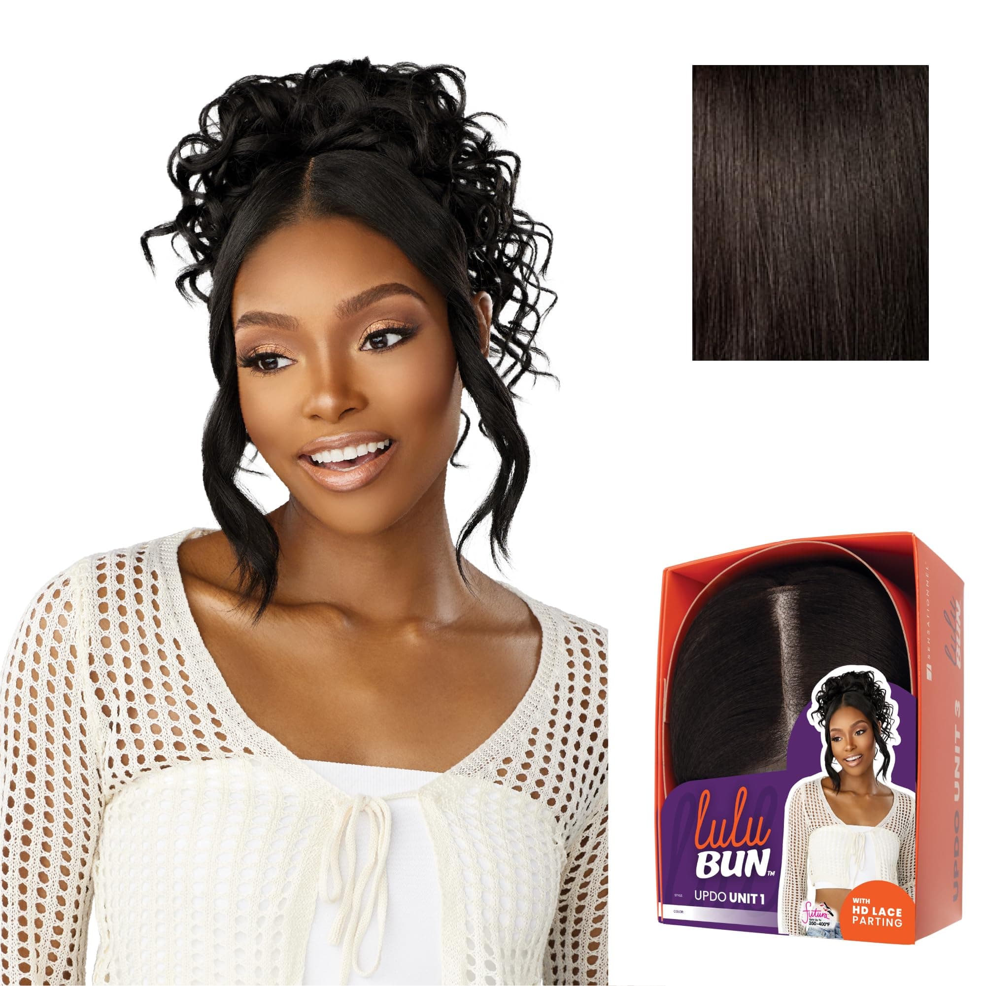 Sensationnel Lulu bun updo hairextensions - unit 1 synthetic 3x3.5 hd lace parting quick and easy wear drawstring cap hair wig piece (2 DARKBROWN)