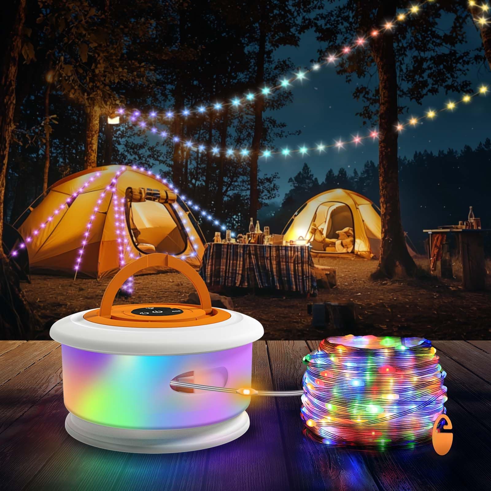 TOHETO Camping String Lights, 3 in 1 Upgraded Retractable RGB Outdoor String Lights with 19 Lighting Modes,Quick 30s Recovery, 32.8 FT Portable Tent Lights, Rechargeable Camping Lantern (White&Orange)