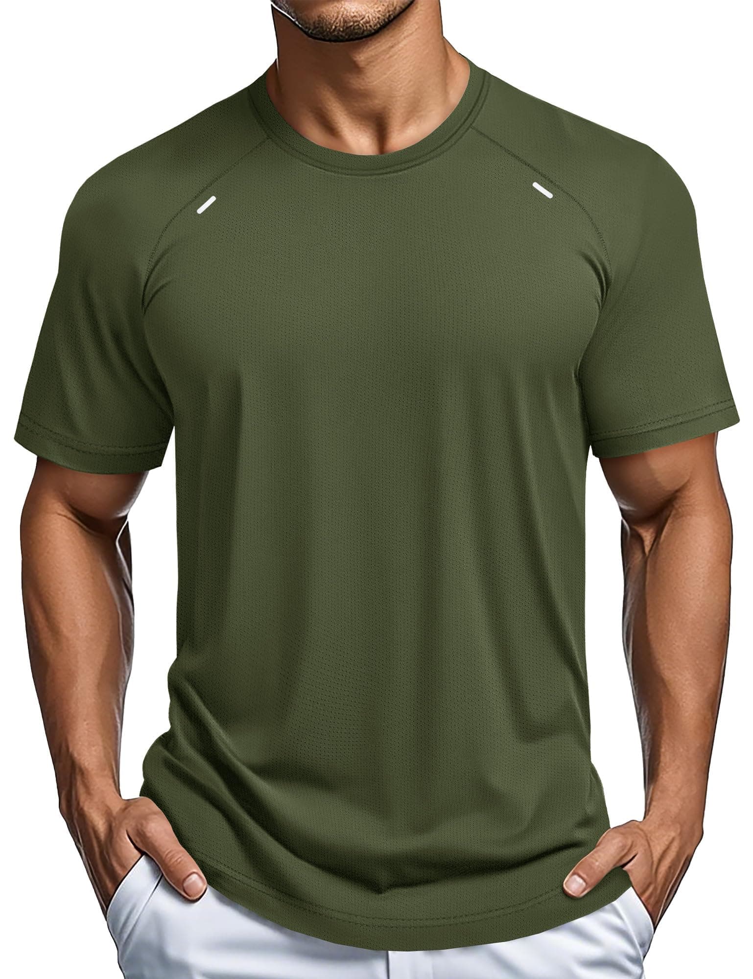 MAGCOMSEN Men's Short Sleeve Shirts Running Workout Lightweight Fitted Top Dry Fit Breathable Athletic Tee Stretch Cool Army Green S