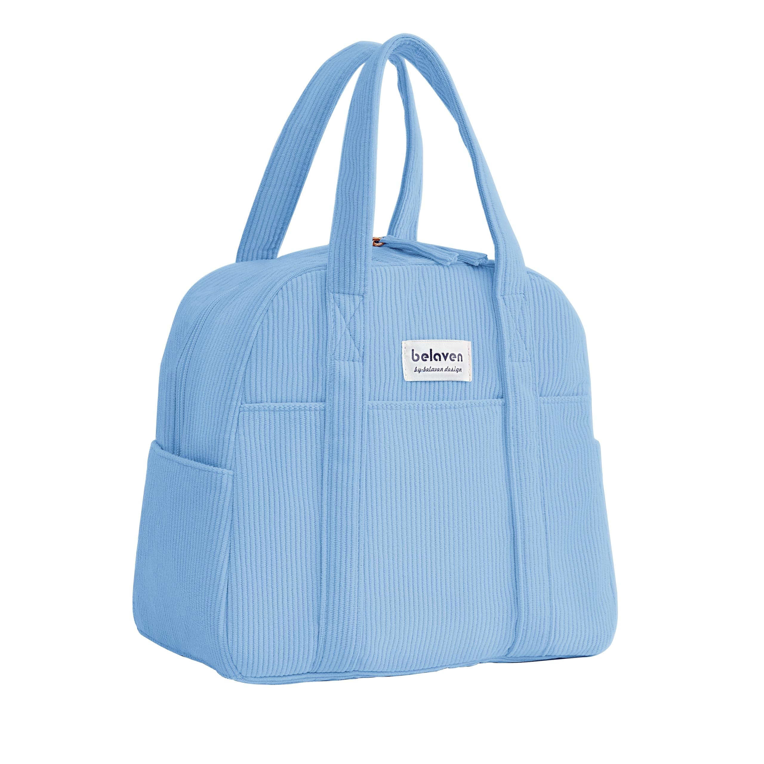 Belaven Insulated Lunch Bag for Women, 6-Hour Cold Retention Cooler Tote with Sturdy Handle, 15-Can Spacious Capacity, Leakproof Corduroy Fabric & Aluminum Foil Lining, (Pink) (Blue)