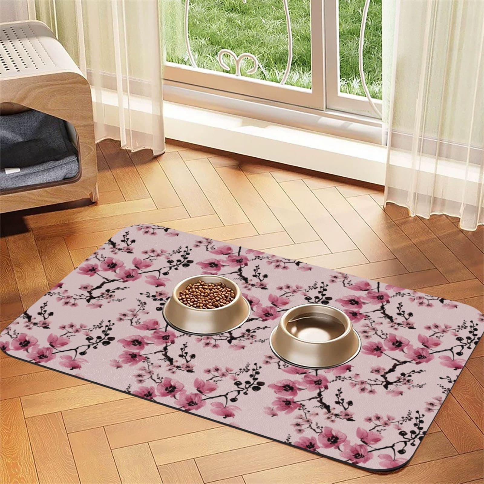 Pink Watercolor Flowers Cherry Blossom Dog Food Mat Cat Dog Mat for Food and Water Absorbent Dogs Bowl Mat Pet Feeding Mat Non Slip Pet Placemat for Dogs, Cats, Pet Supplies Accessories