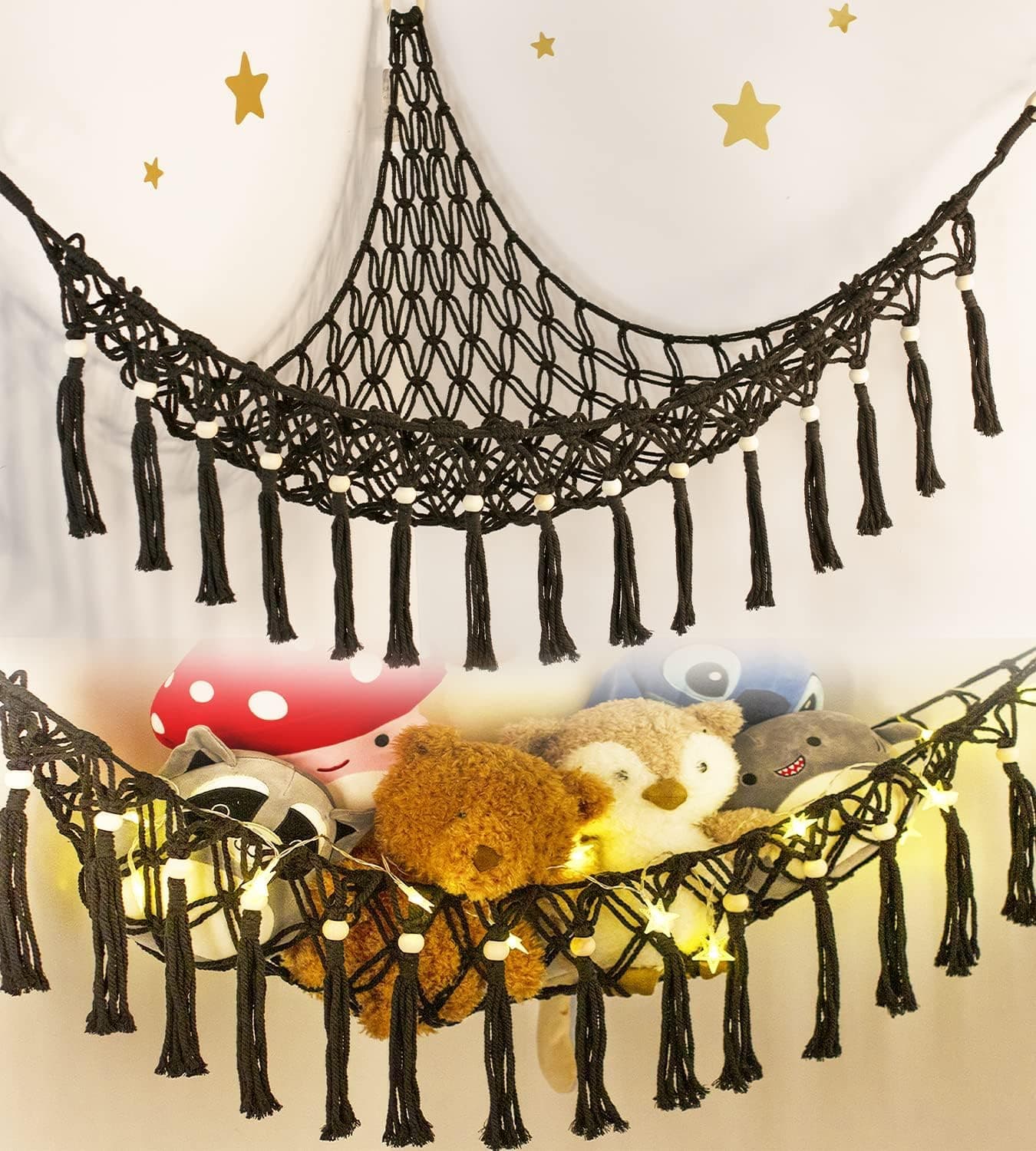 Stuffed Animal Net or Hammock - Hanging Stuffed Animal Hammock Storage - Toy Hammocks Holder Boho Wall Corner Hammocks Organizer inc LED Light and Hooks, Black