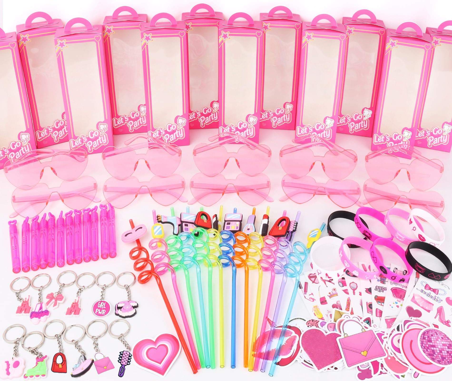 132Pcs Pink Birthday Party Favors Supplies with Goodie Candy Boxes Stuffers Includ Straw Glasses Bubble Stick Bracelet Keychain Tattoo Stickers Etc for Girls Birthday Party Decorations Supplies