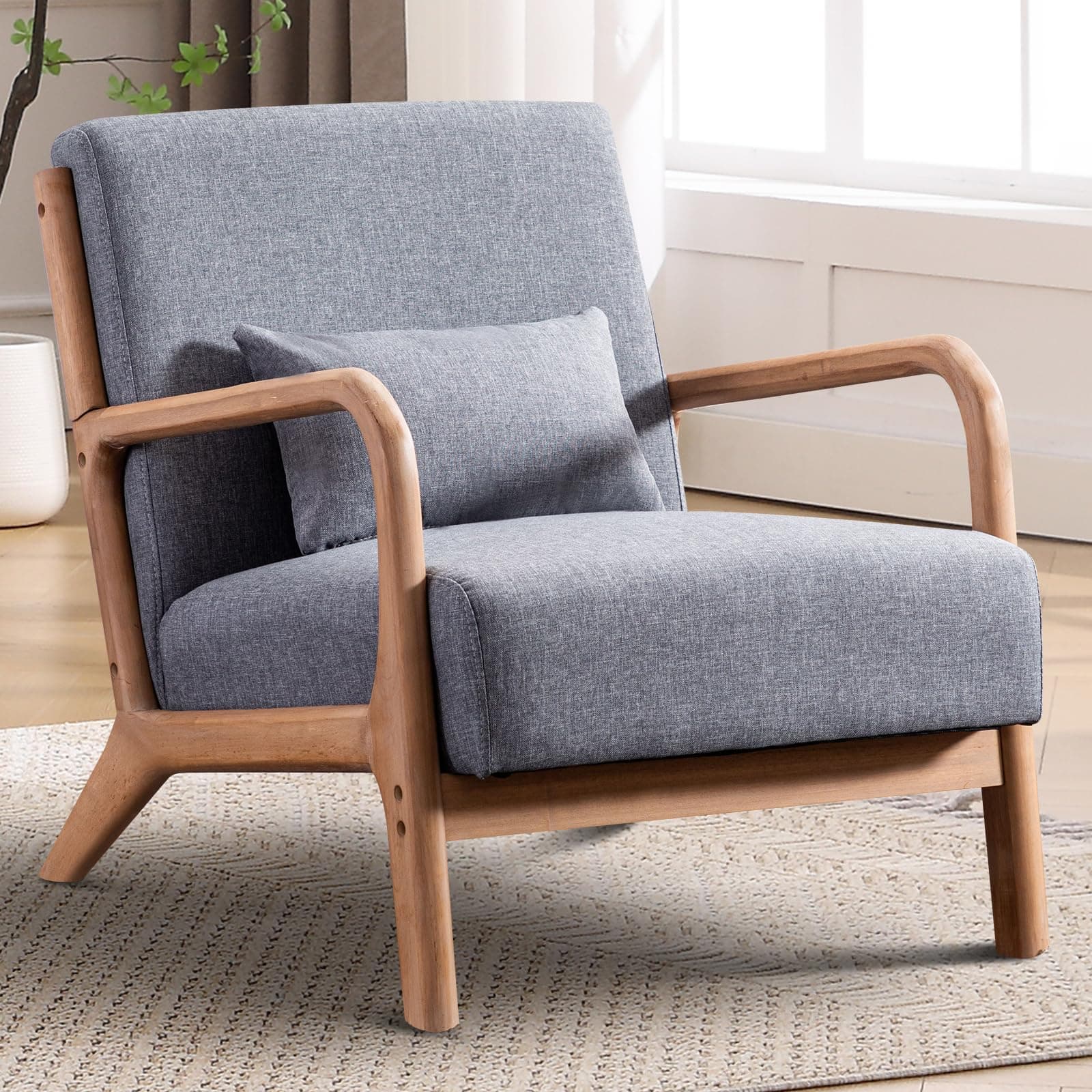 CANMOV Modern Accent Chair with Lumbar Pillow, Upholstered Mid-Century Accent Arm Chair with Thick Seat Cushion & Solid Wood Frame, Small Side Comfy Chair for Living Room, Bedroom, Balcony,Grey