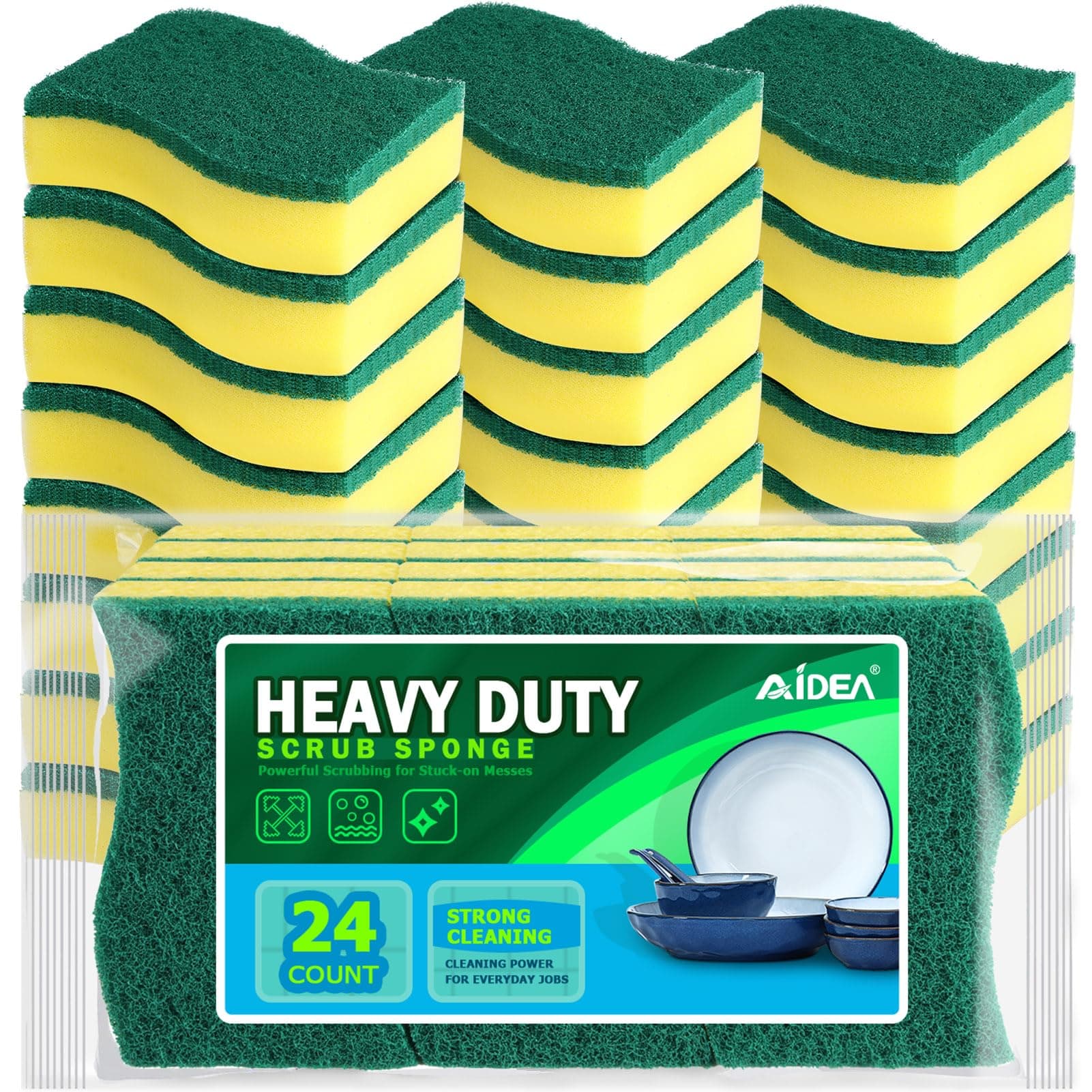 AIDEA Heavy Duty Scrub Sponge-50 Count, Cleaning Sponge, Kitchen Dish Sponge, Effortless Cleaning Eco Scrub Pads for Dishes,Pots,Pans All at Once