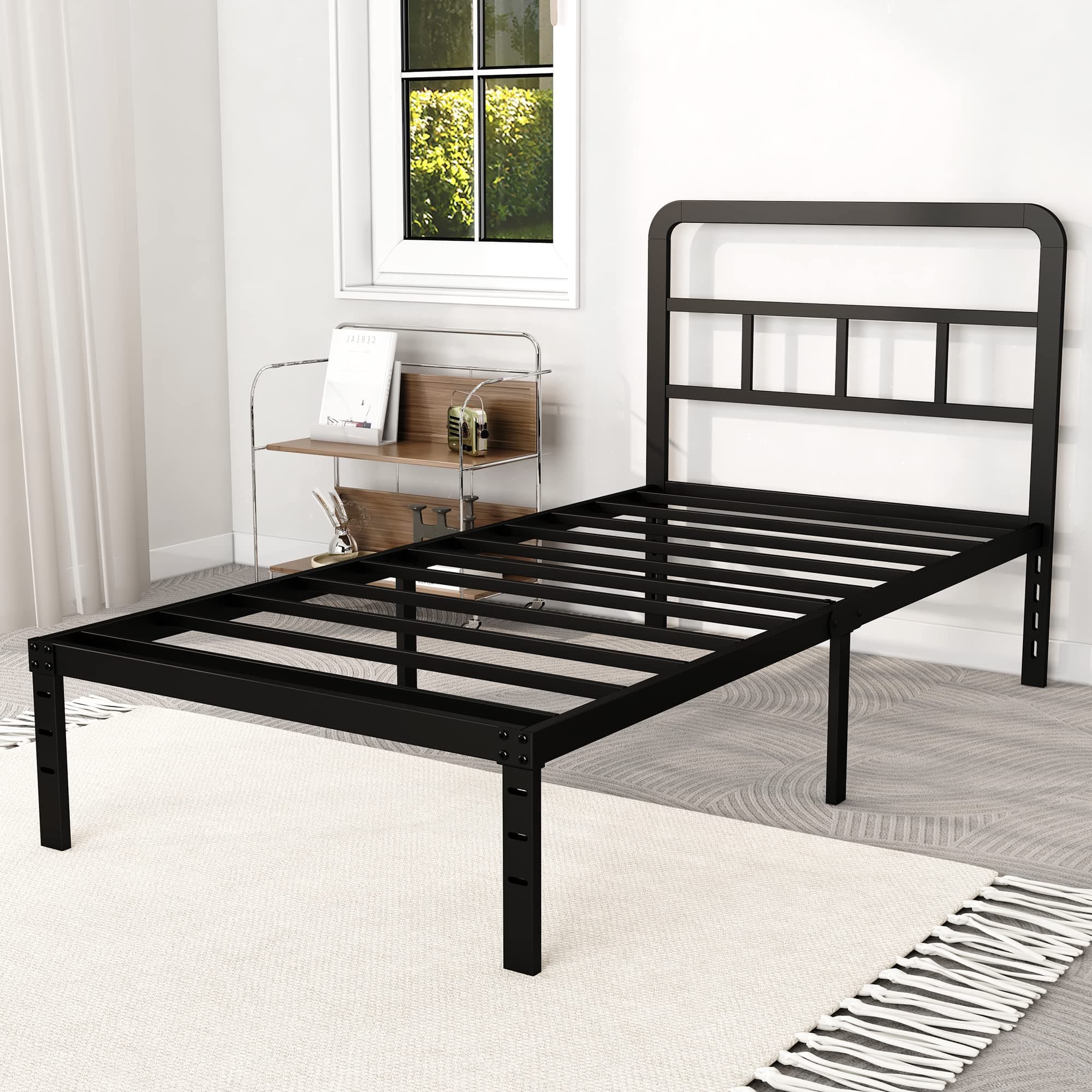 DiaOutro Twin Bed Frame with Headboard 14 Inch Metal Platform, Black