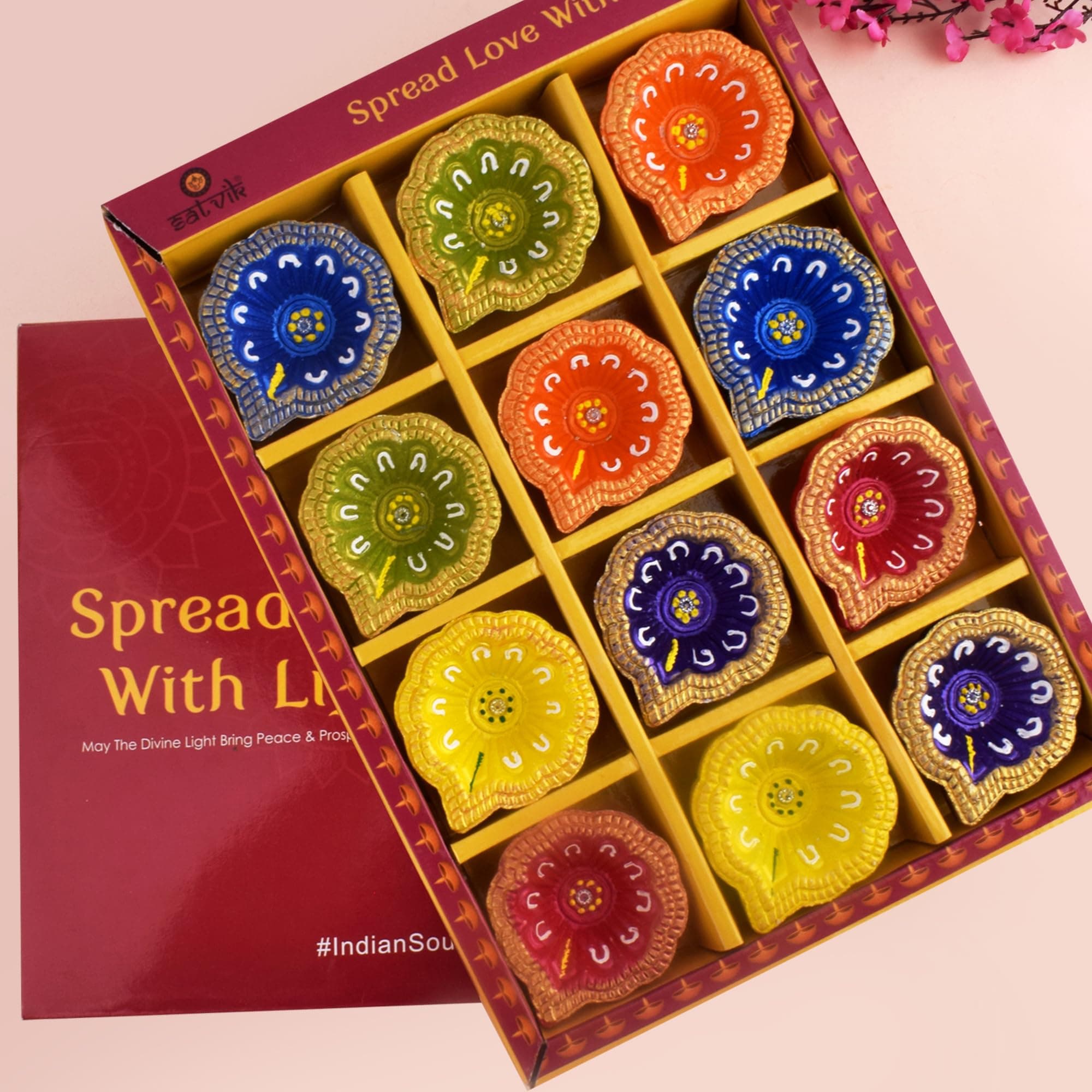 SATVIK 12 Pc Multicolor Clay Diya Terracotta Dia Traditional Puja Vilakku Oil Lamp Natural Mitti Diya Tea Light Welcome Diwali Deepawali Navratri Pooja Décorations Indian Housewarming Return Gift Item