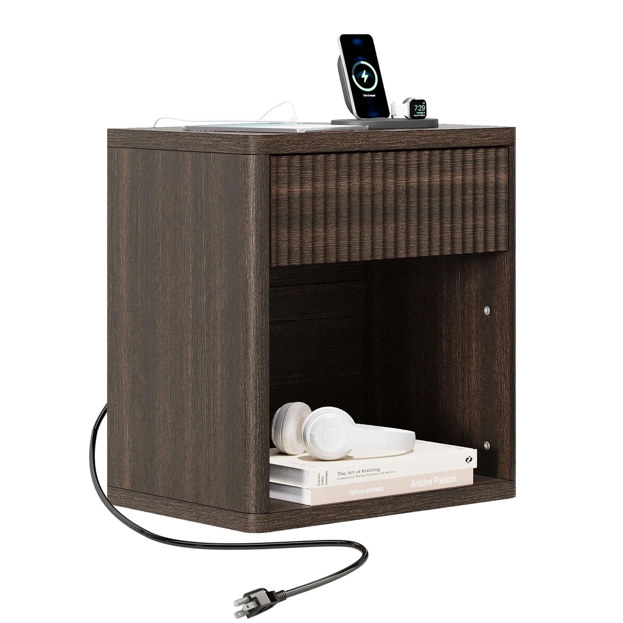 Nightstand with Drawers, Storage Shelf, Grooved Pattern, Bedside Table, End Table, Large Modern Wide Nightstand, Mid-Century Style for Bedroom Living Room Sofa Sofa Bed Home Office (Walnut, 1)