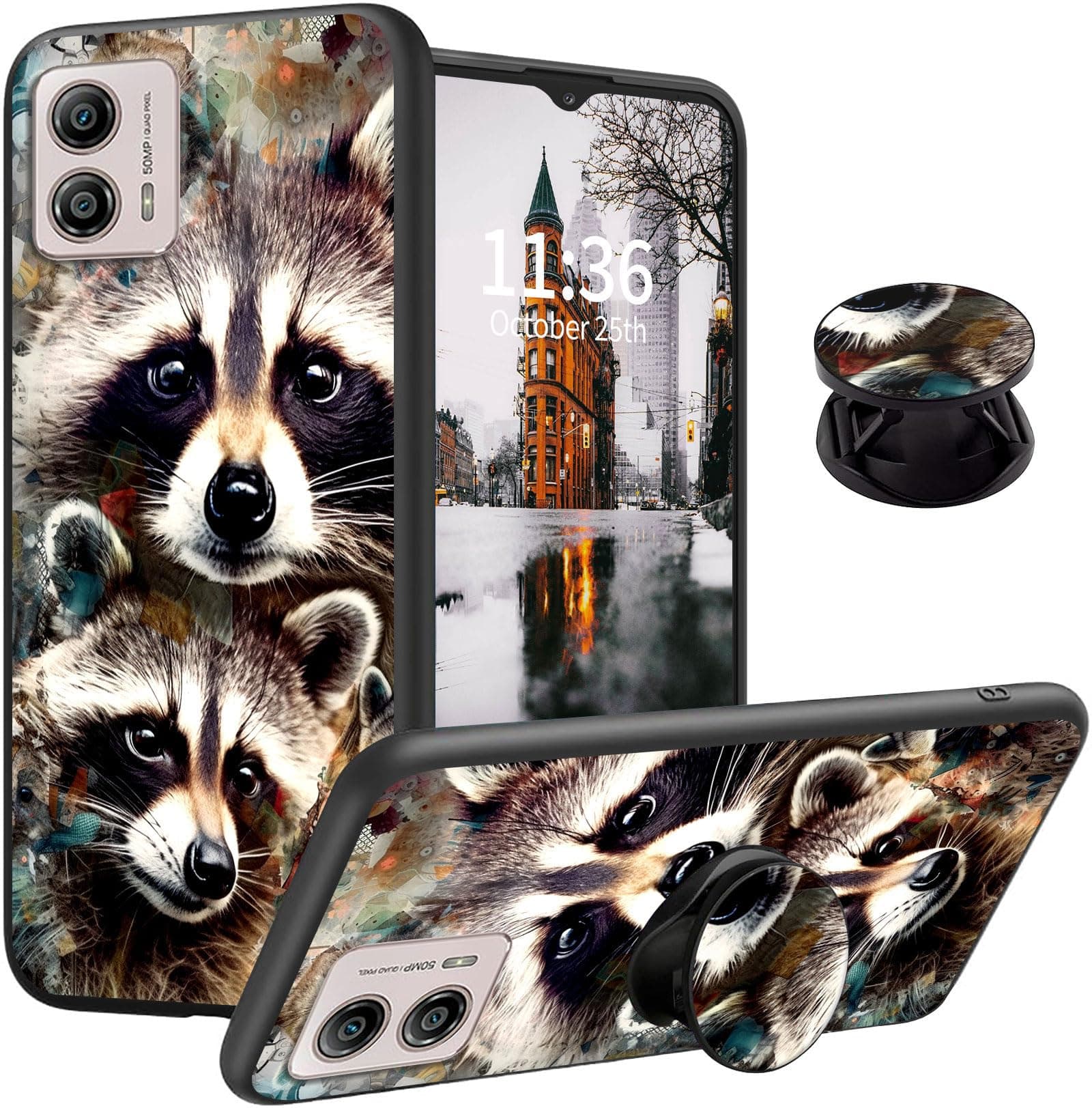 Qindaiwen Designed for Motorola Moto G53 5G Case, Moto g53y 5G Case with Finger Expanding Stand Holder, Soft TPU Silicone Phone Cover Shockproof Protective for Moto G53 2023, Raccoon