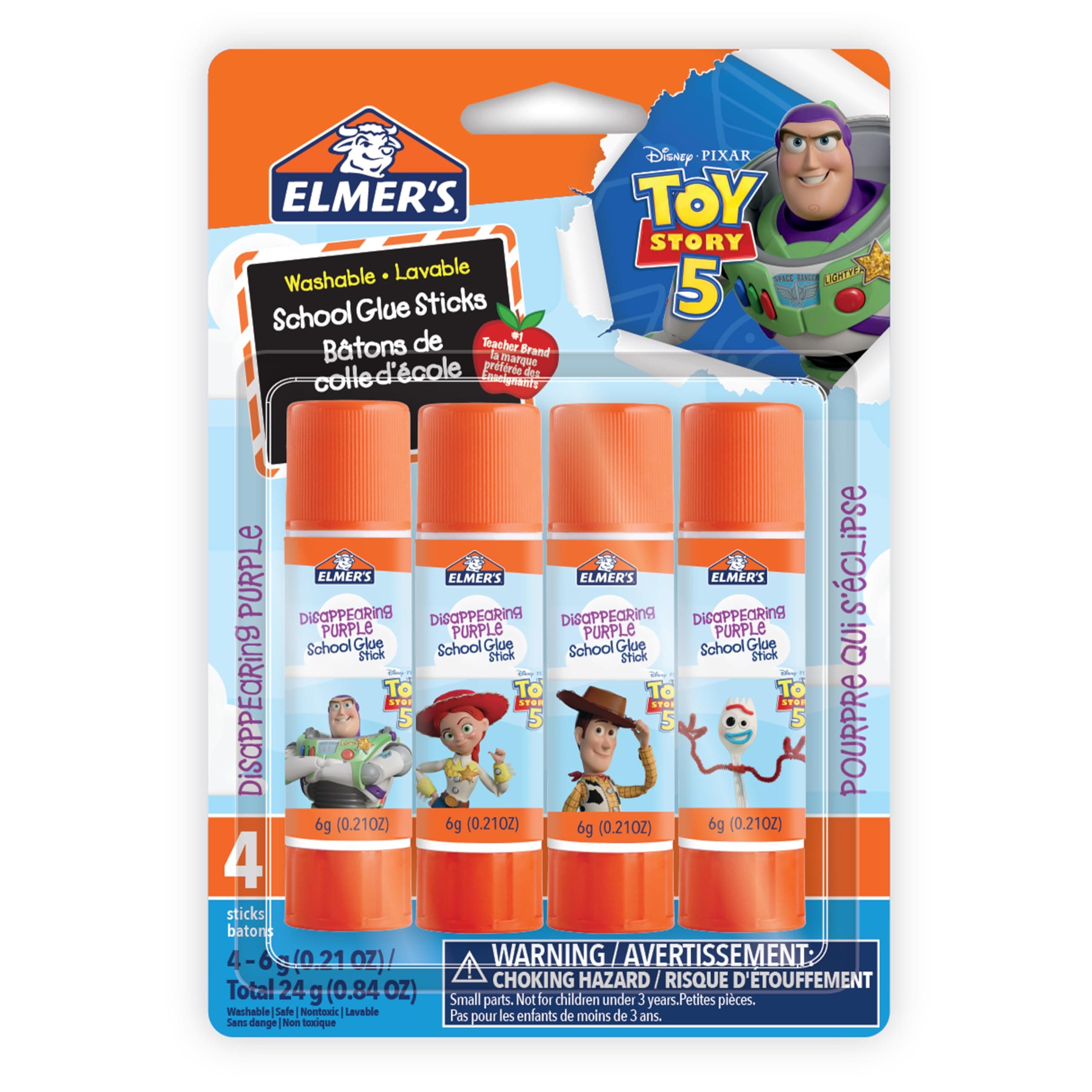 Elmer's Glue Sticks Featuring Toy Story Characters, Disappearing Purple Glue Sticks, School Supplies, 6g, 4 Count
