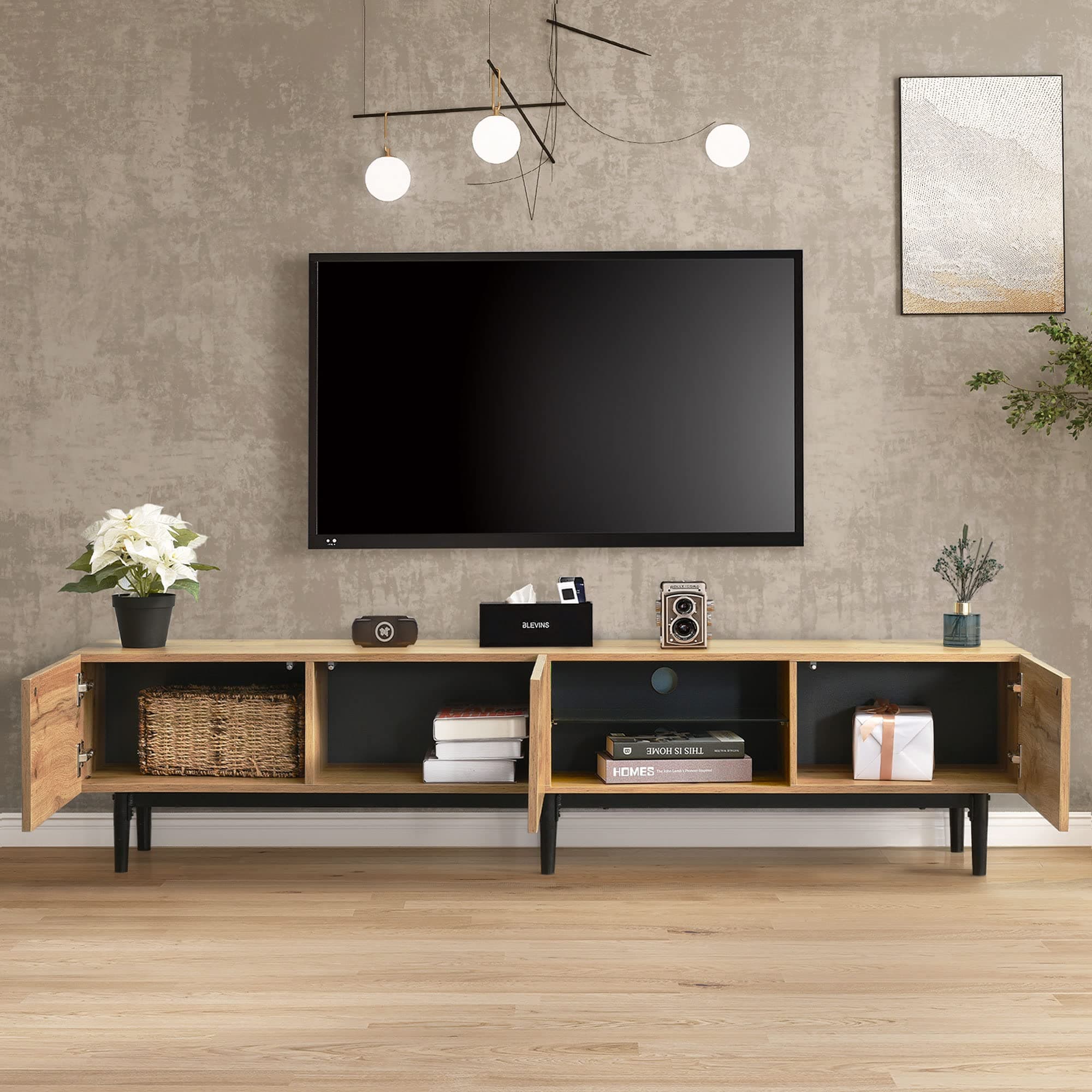 Siemd TV Cabinet with Adjustable LED Lighting & Large Storage Space & 3 Doors, Media Console with 3 Cabinets, Wood-Grain Finish & Minimalist Design Entertainment Center for Living Room, Black+Natural