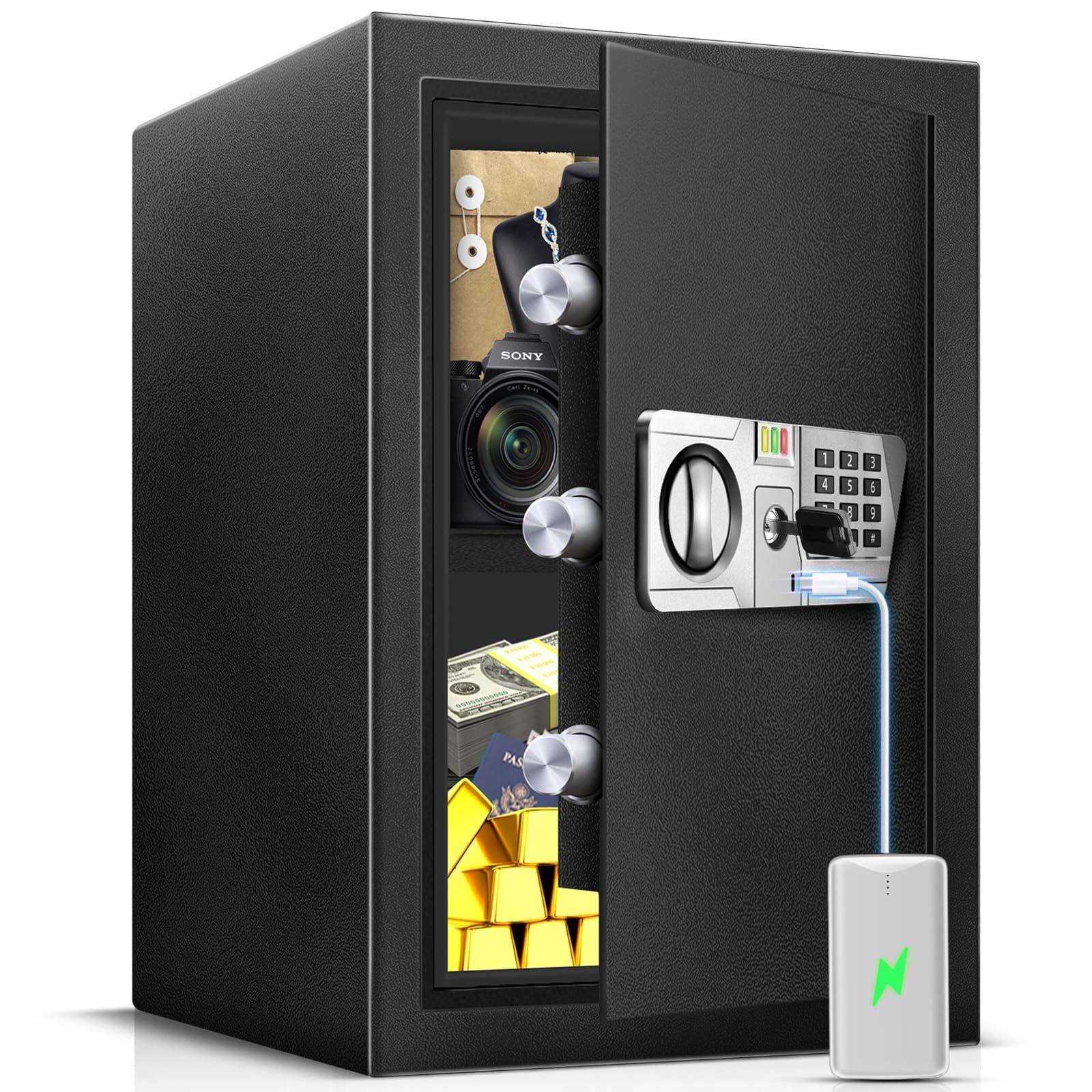 TOTOY Safe Box 2.5 Cu Ft Money Safe with LED Sensor Light, Safe for Home Documents with Keys and Digital Keypad, Type-C External Power Supply Interface Lock Box for Cash Jewelry Valuables