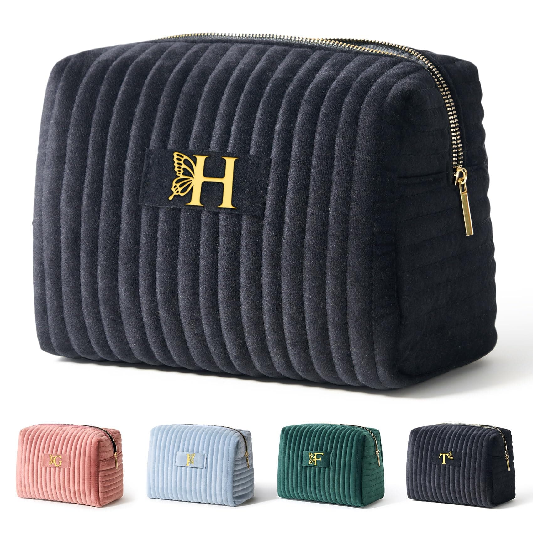 COSHAYSOO Initial Makeup Cosmetic Bags for Women with Butterfly Decor, Black, H