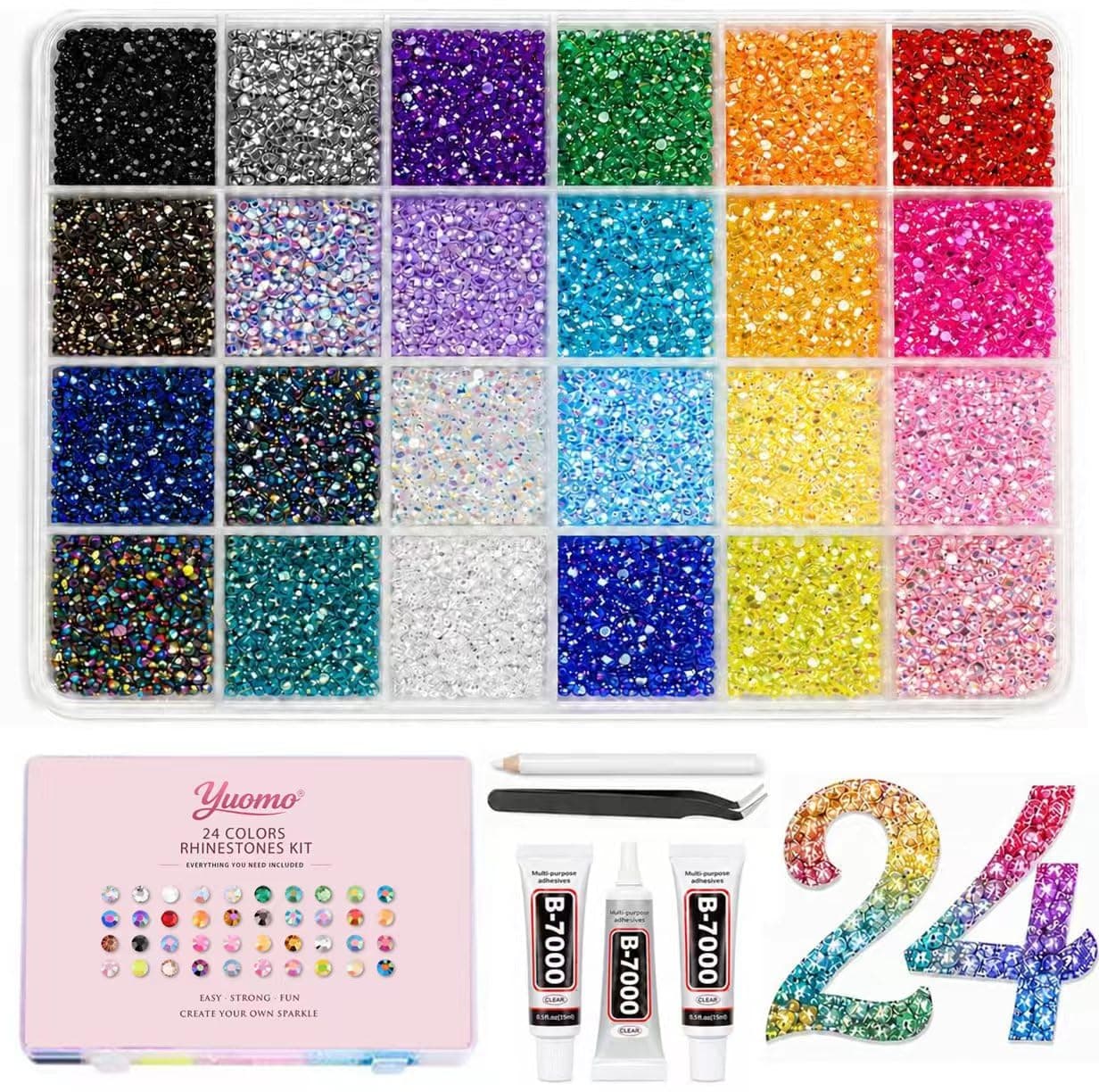 24000Pcs 24 Colors Jelly Rhinestones for Bedazzling,Mix Colors Bedazzling Kit with Rhinestones,3MM SS10 Colorful Resin Flatback Gems with B7000 Jewelry Glue for Crafting, Nail Art, Shoes, Books