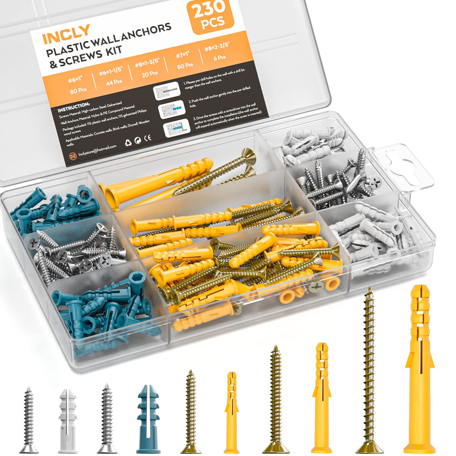 INCLY 230 PCS Drywall Screws and Anchors Assortment Kit,115 Plastic Self Drilling Wall Anchors for Drywall and 115 Flat Head Screws,5 Sizes Heavy Duty Galvanized Screw and Wall Plug Bolts with Box