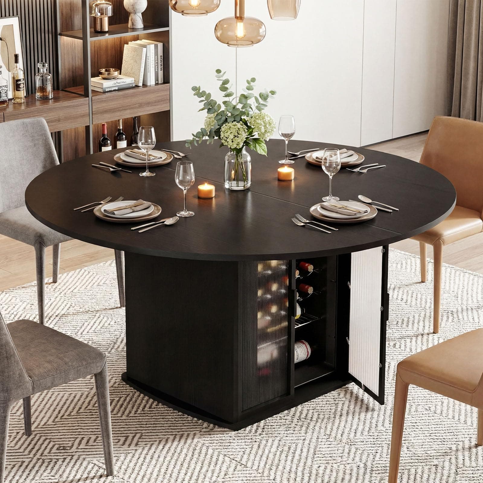IBF Round Dining Table for 4-6, Dining Room Table with Fridge Space, Marble Dining Table with Storage, Farmhouse Round Kitchen Table for Home, Black Oak, 47 Inch, Only Table