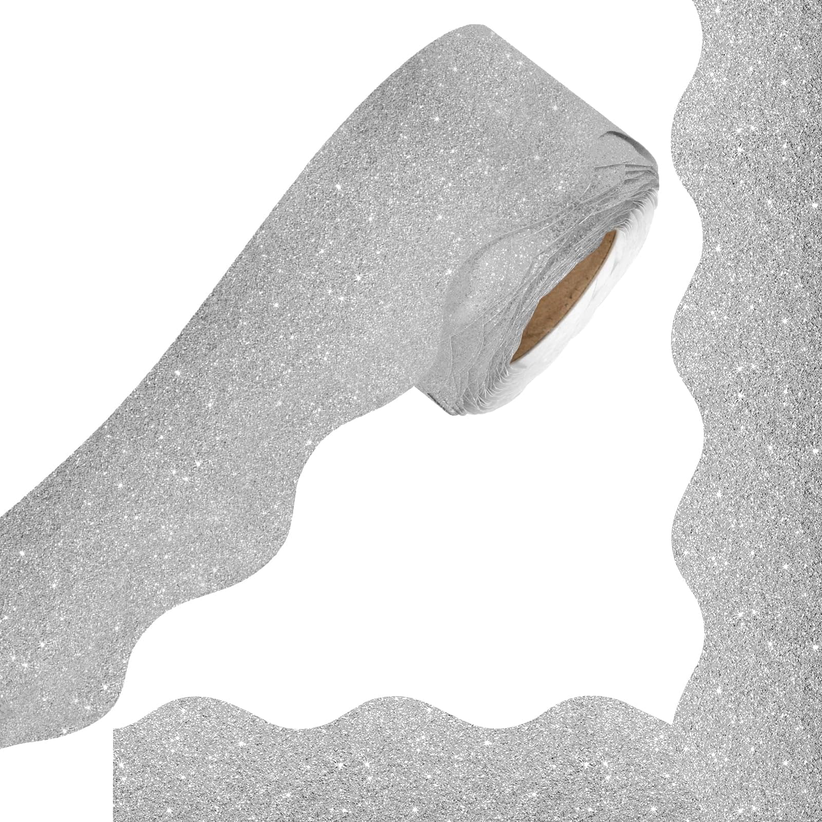 Auzesto Silver Glitter Scalloped Bulletin Board Borders, 65.6Ft x 2.4Inch Self-Adhesive Paper Trim for Classroom, Office, Christmas & Holidays