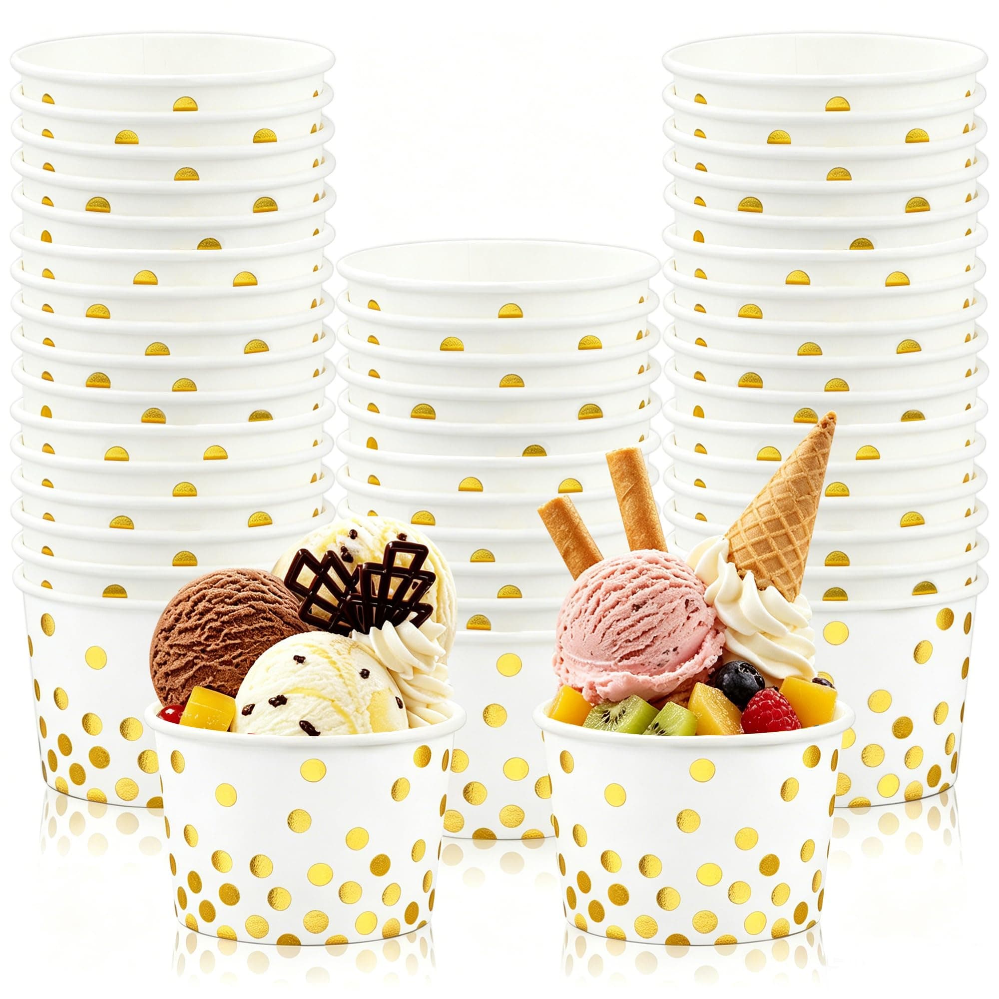 Maniaacer 50 Pcs Paper Ice Cream Cups 4oz Gold Dots Treat Snack Bowls Polka Dot Disposable Dessert Cup for Hot or Cold Food Containers Sundae Frozen Yogurt Soup Party Supplies