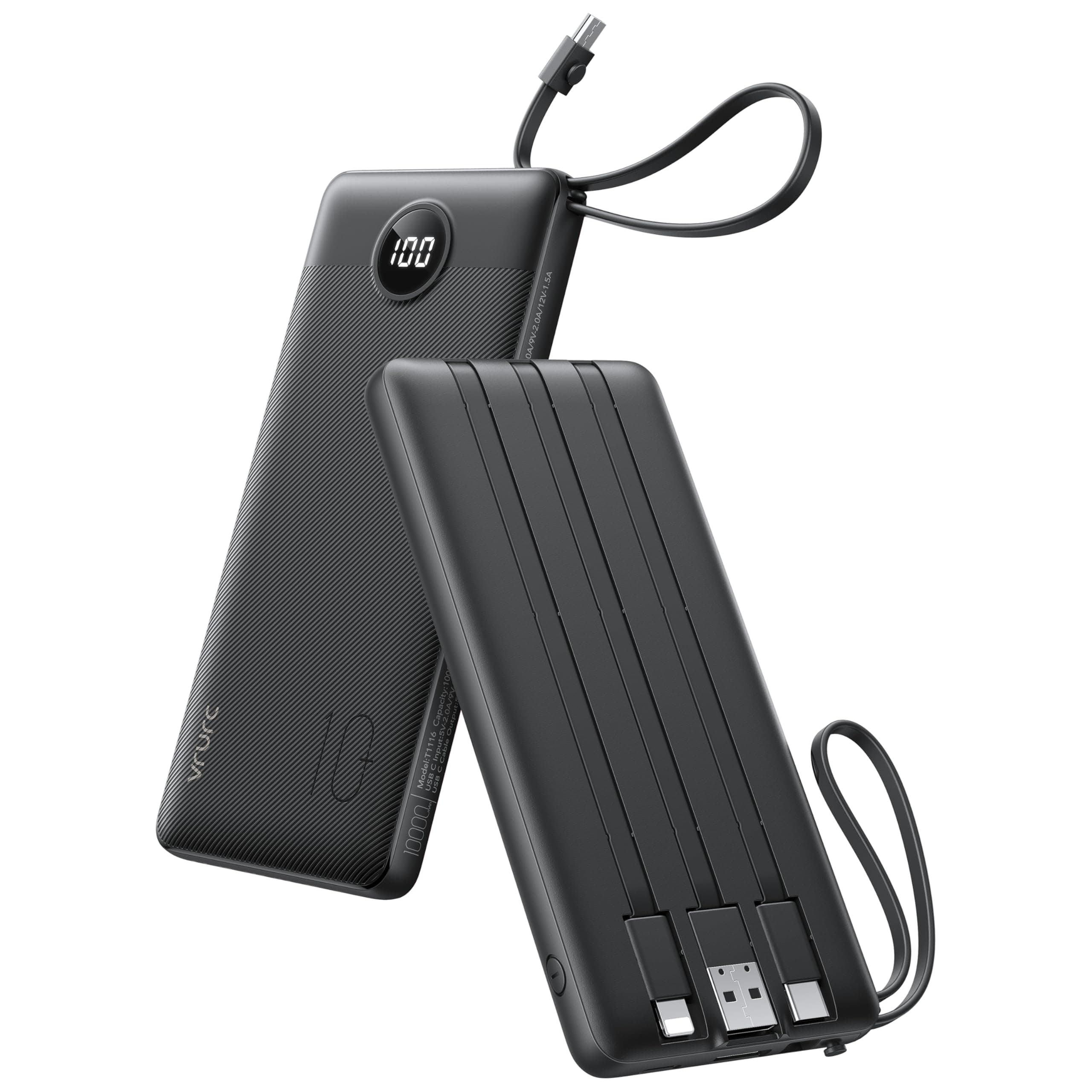 VRURC Portable Charger with Built in Cables, Slim Power Bank 10000mAh, USB C Travel Battery Pack, 5 Output 2 Input External Charging Bank for iPhone 17 16 15 14 13,Samsung,Android-Black(1 Pack)