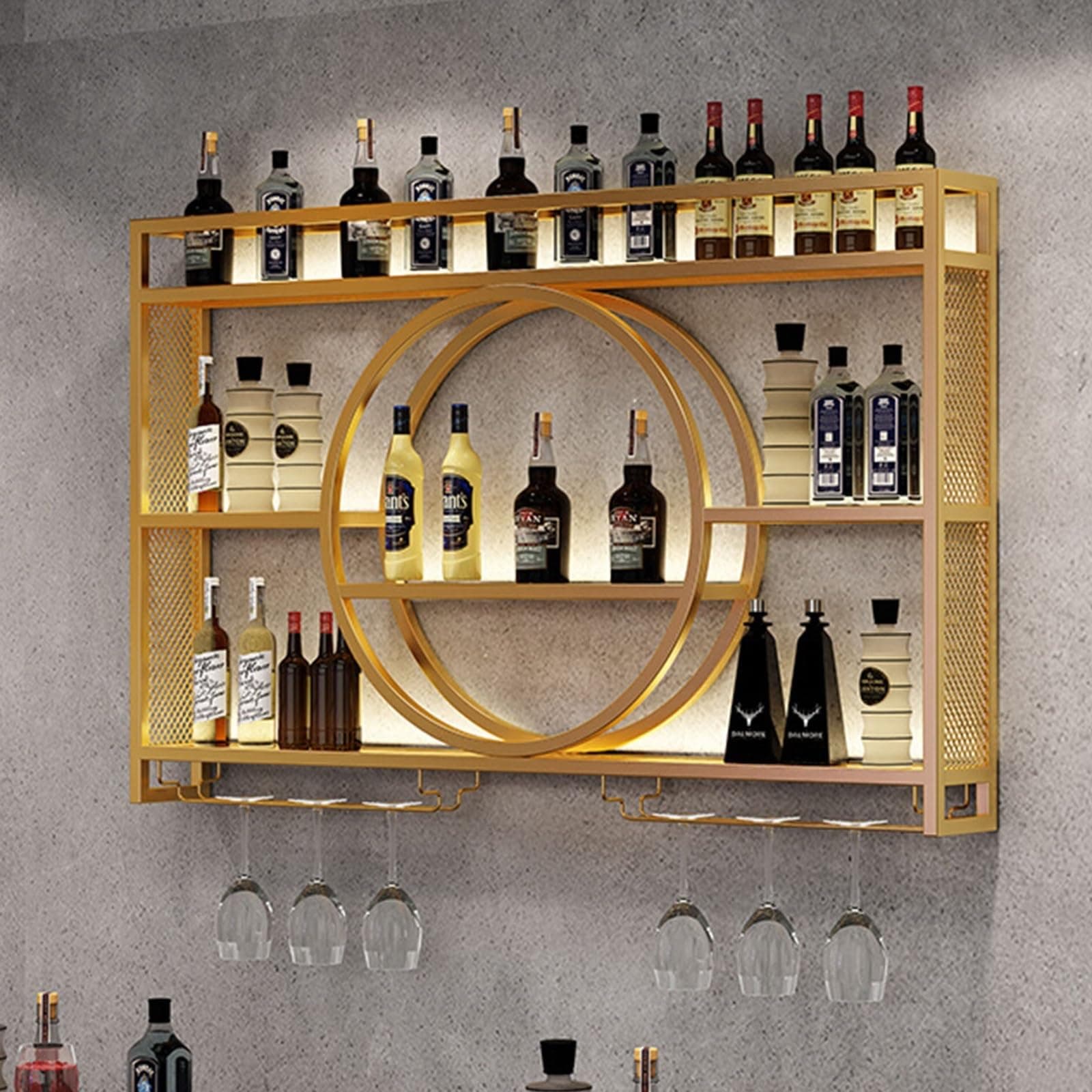 Wall Mounted With LED Light Iron Wine Shelf With Wine Glass Holder Upgrade Metal Wine Rack Wall Mounted Bar Shelves Wall Wine Racks,Bar Shelves For Liquor Bottles For Kitchen Living Room(Gold,55.1in/1