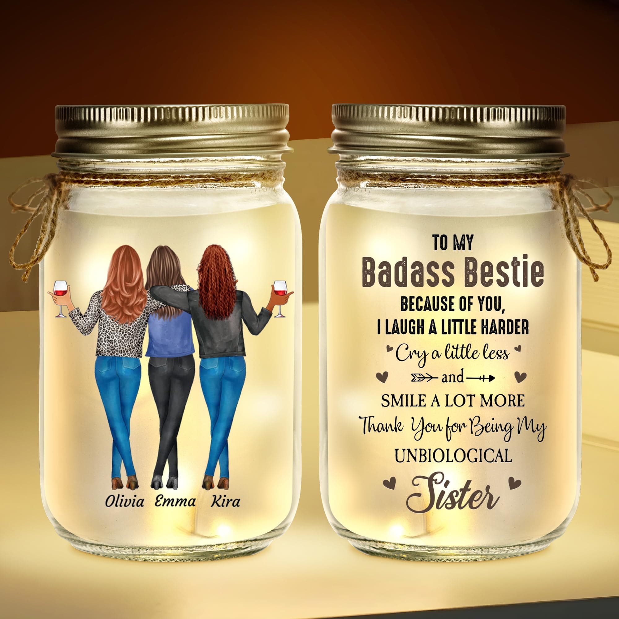 to My Badass Bestie - Personalized Mason Jar Night Light Gift for Besties, Because of You I Laugh A Little Harder, Birthday Xmas Gift for Women Girl, Home Decoration