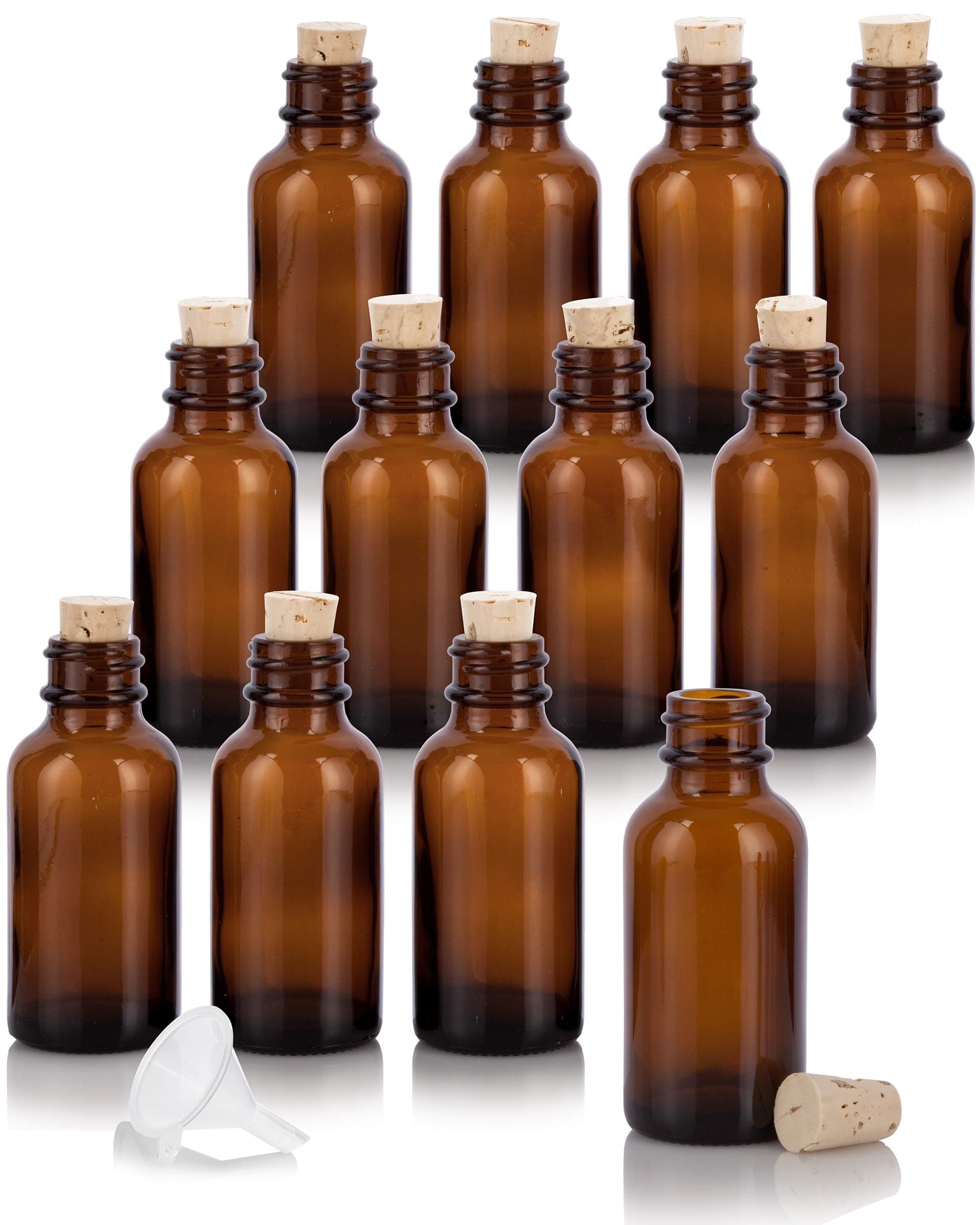 1 oz Amber Glass Boston Round Bottle with Cork Stopper Closure (12 Pack) + Funnel
