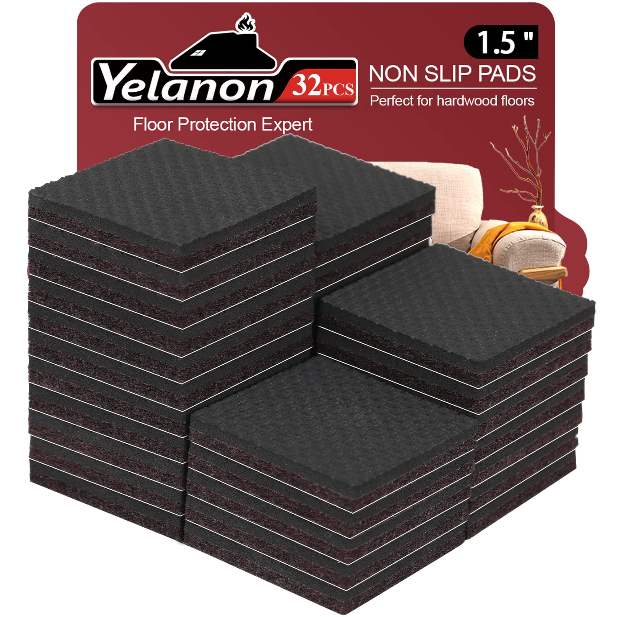 Yelanon Non Slip Furniture Pads 32 Pcs 1.5" for Hardwood Floors