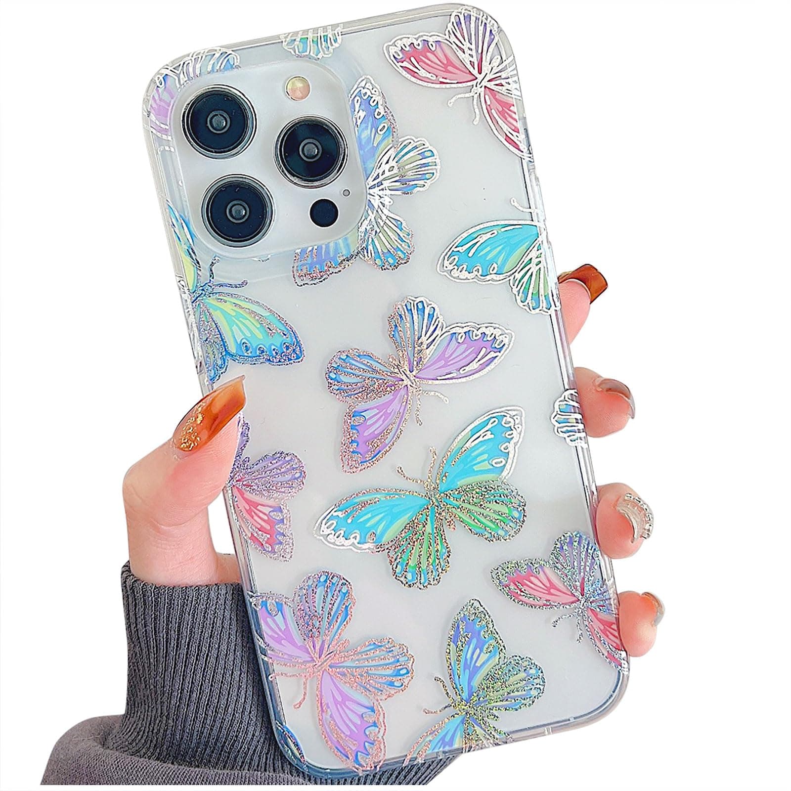 ooooops Glitter Clear Phone Case for iPhone 16 Pro Case for Women Girls, Cute Red Purple Pink Blue Colorful Butterflies Pattern, Slim Fit Hard Protective Case Cover for iPhone 16Pro 6.3'' (Butterfly)