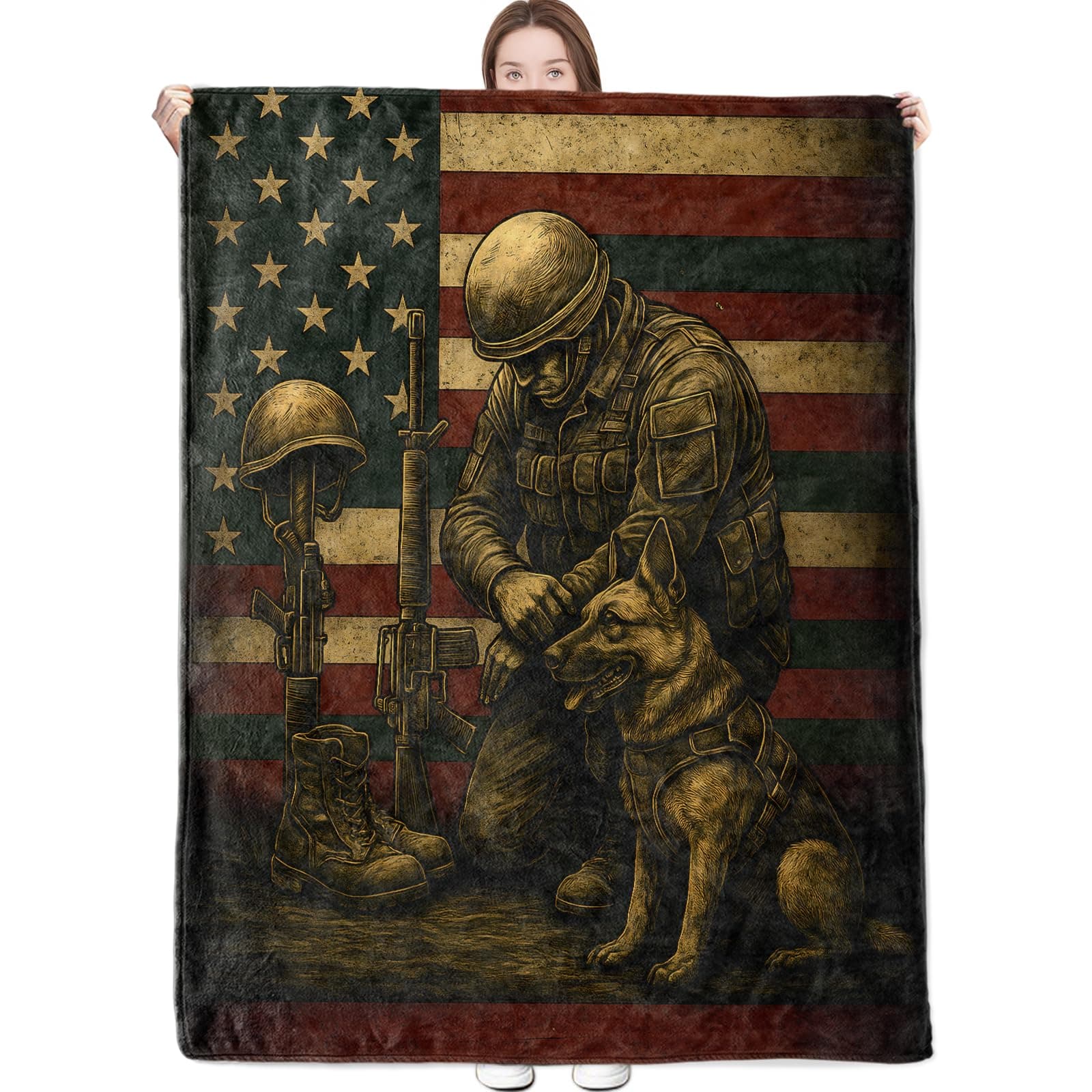 DONGPROM Soldier Tribute Blanket Vintage Patriotic Style Throw Blankets Dog and American Flag Background Lightweight Flannel Throws for Couch Chair Bed Home Decor Gifts for Adults,80x60inch