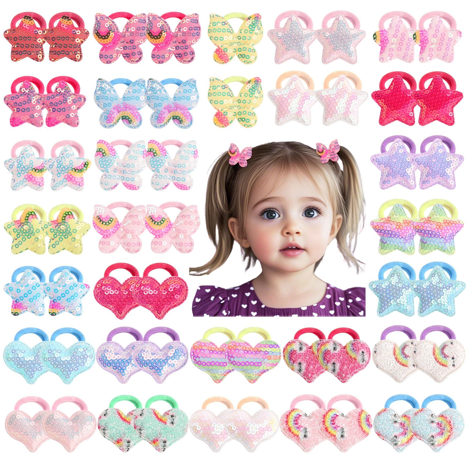 56 Pcs Glitter Hair Ties for Baby Girls Elastic Rubber Bands Hair Scrunchies for Toddler Girls Rainbow Sequin Sparkle Star Heart Butterfly Cartoon Ponytail Holders Hair Accessories