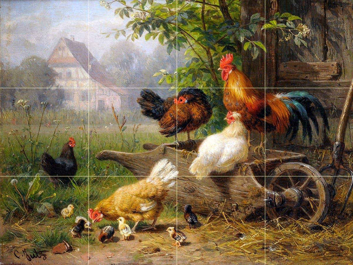 Tile Mural Farm Rooster Chickens by Carl Jutz Kitchen Bathroom Shower Wall Backsplash Splashback 4x3 4.25" Ceramic, Glossy